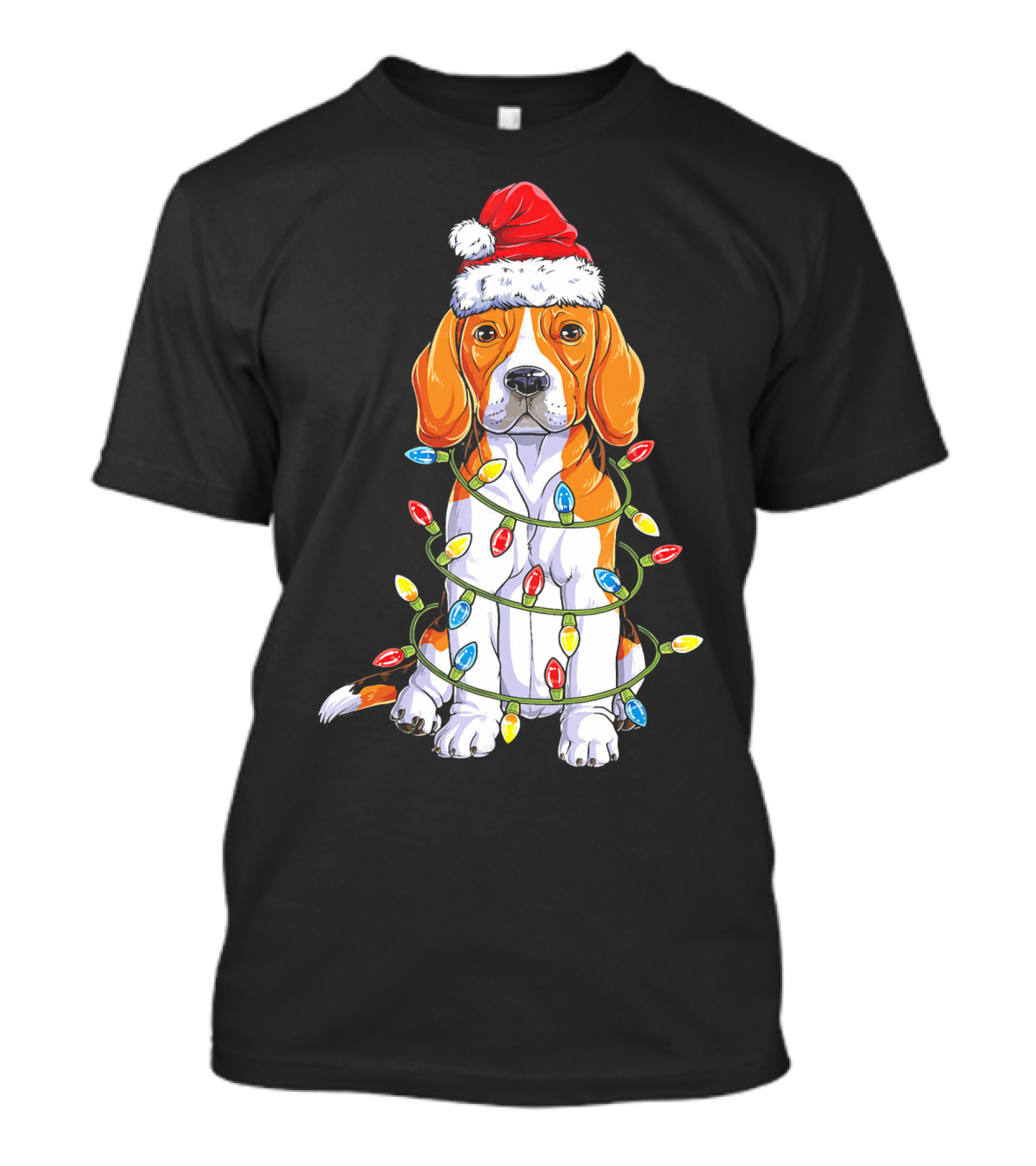 Beagle Wrapped In Christmas Lights With Santa Hat T-Shirt