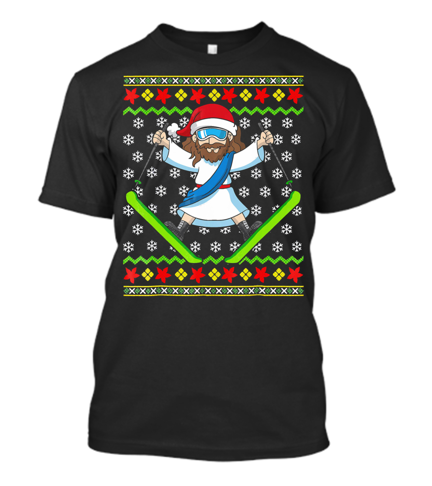 Ugly Christmas Kids Jesus Skiing Santa Hat Snowflakes T-Shirt