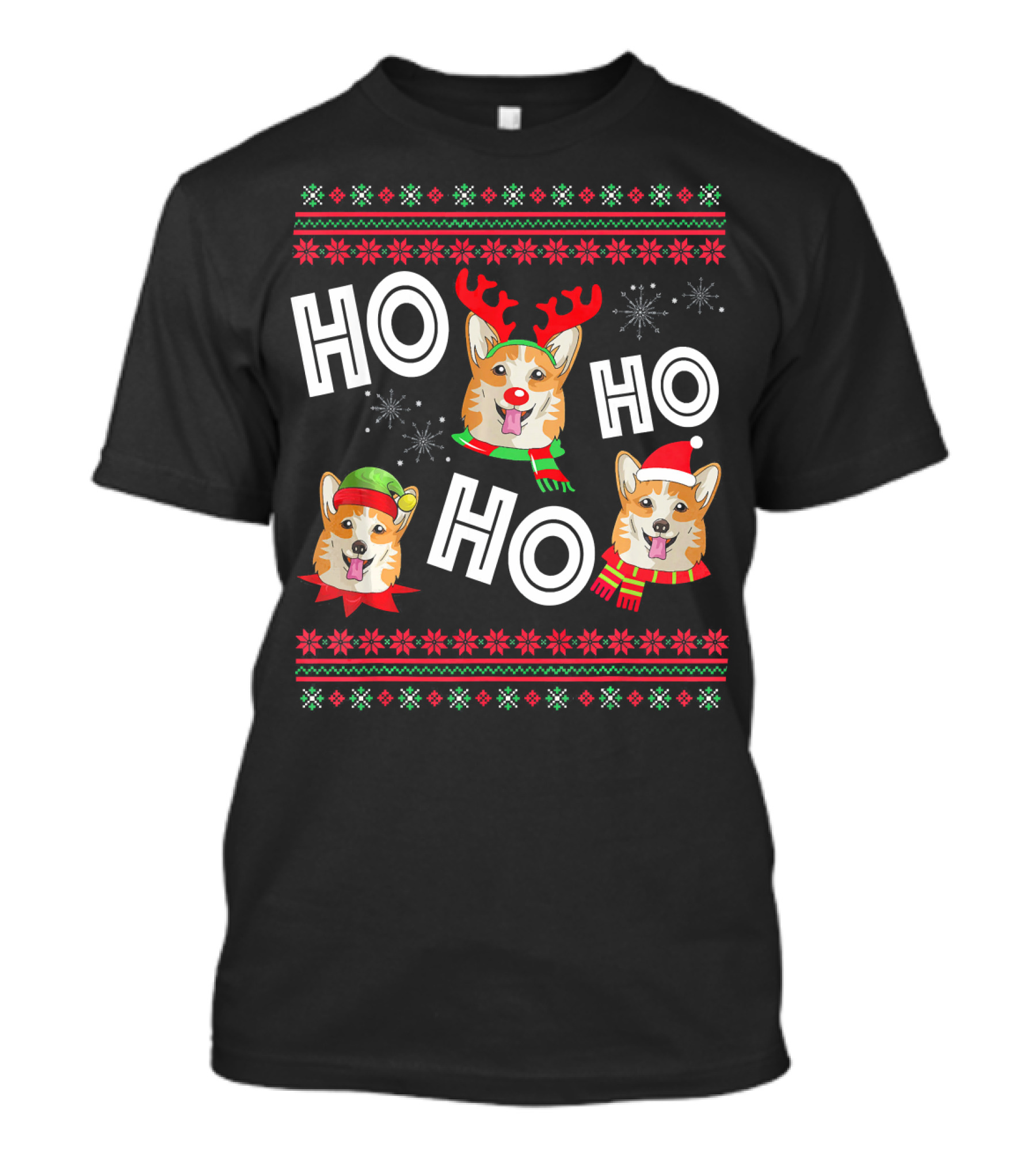 HO HO HO Corgi Funny Dog Reindeer Elf Santa Hats Snowflakes Christmas Holiday T-Shirt