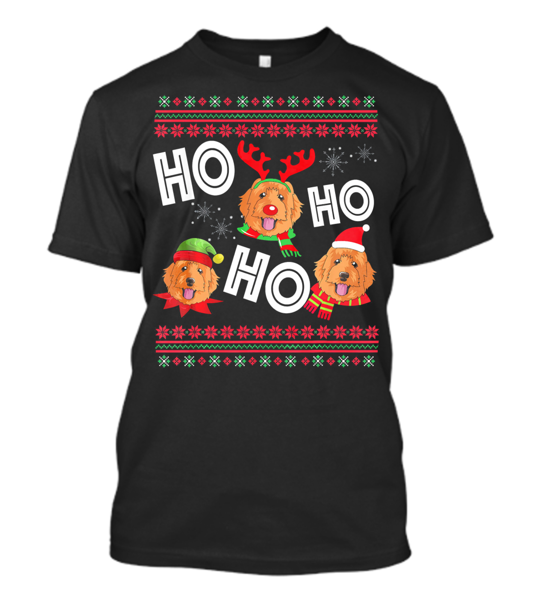HO HO HO Golden Doodle Funny Dog Christmas Antlers Santa Hat Snowflakes T-Shirt