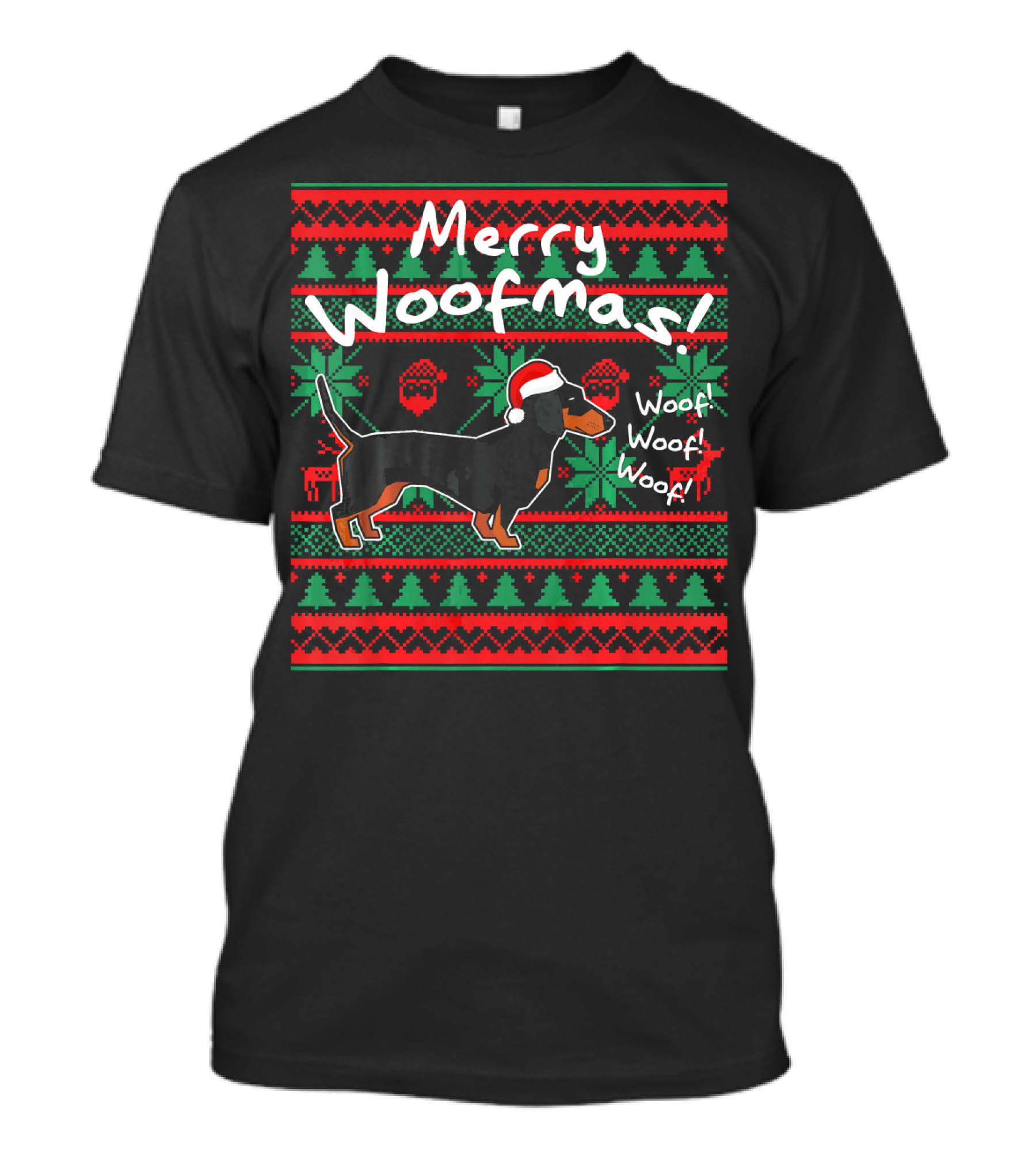 Merry Woofmas Dachshund Dog With Santa Hat Woof Woof Woof Christmas T-Shirt