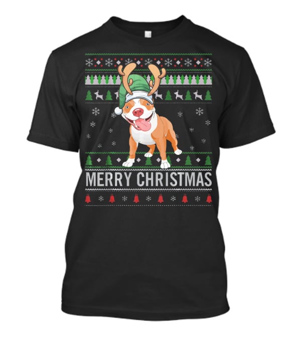 Merry Christmas Pitbull Dog Reindeer Antlers Festive T-Shirt