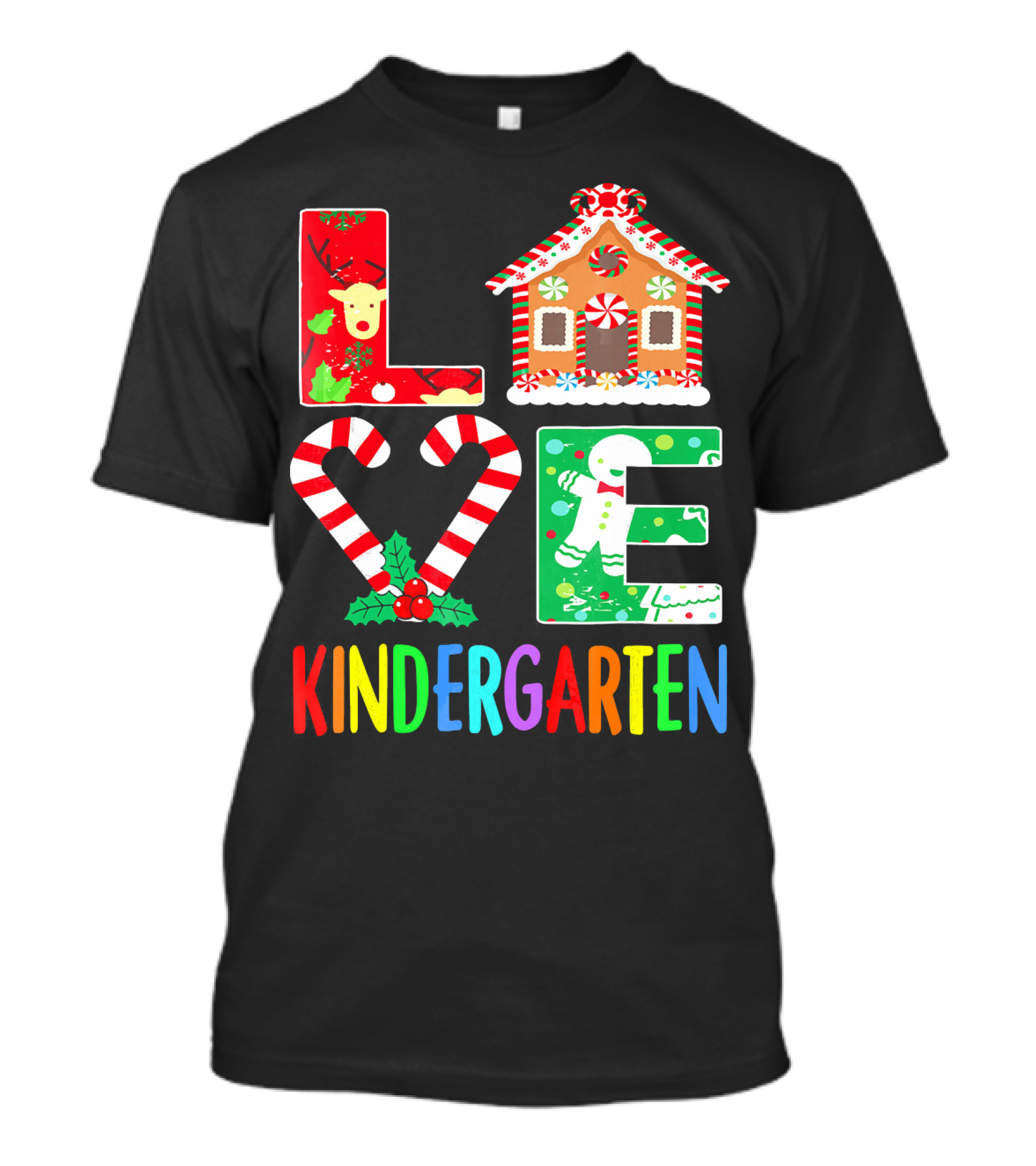 LOVE Kindergarten Christmas Reindeer Gingerbread Candy Cane T-Shirt