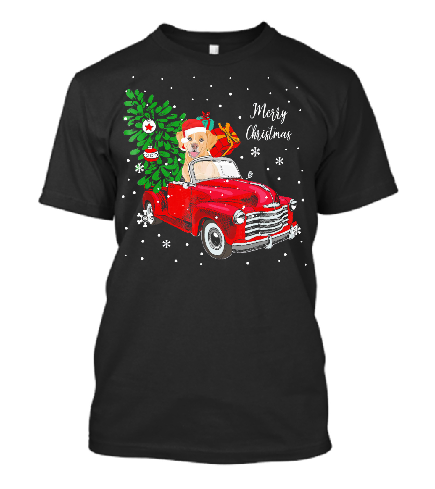 Merry Christmas Santa Labrador Dog Riding Red Truck With Presents And Tree T-Shirt