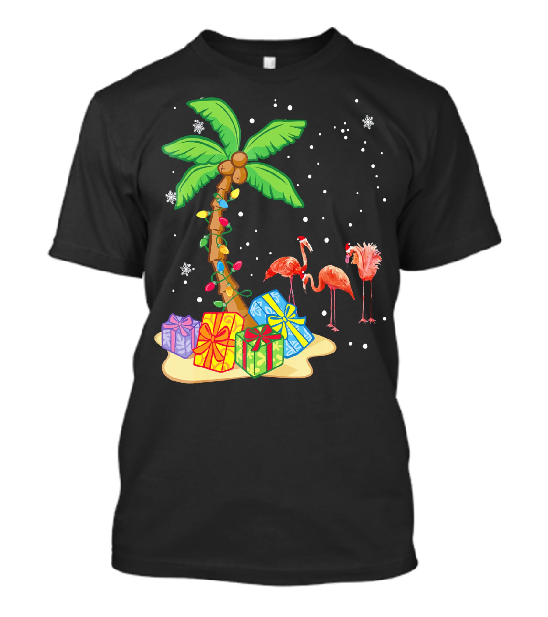 Flamingo Christmas Palm Tree Snow Presents T-Shirt