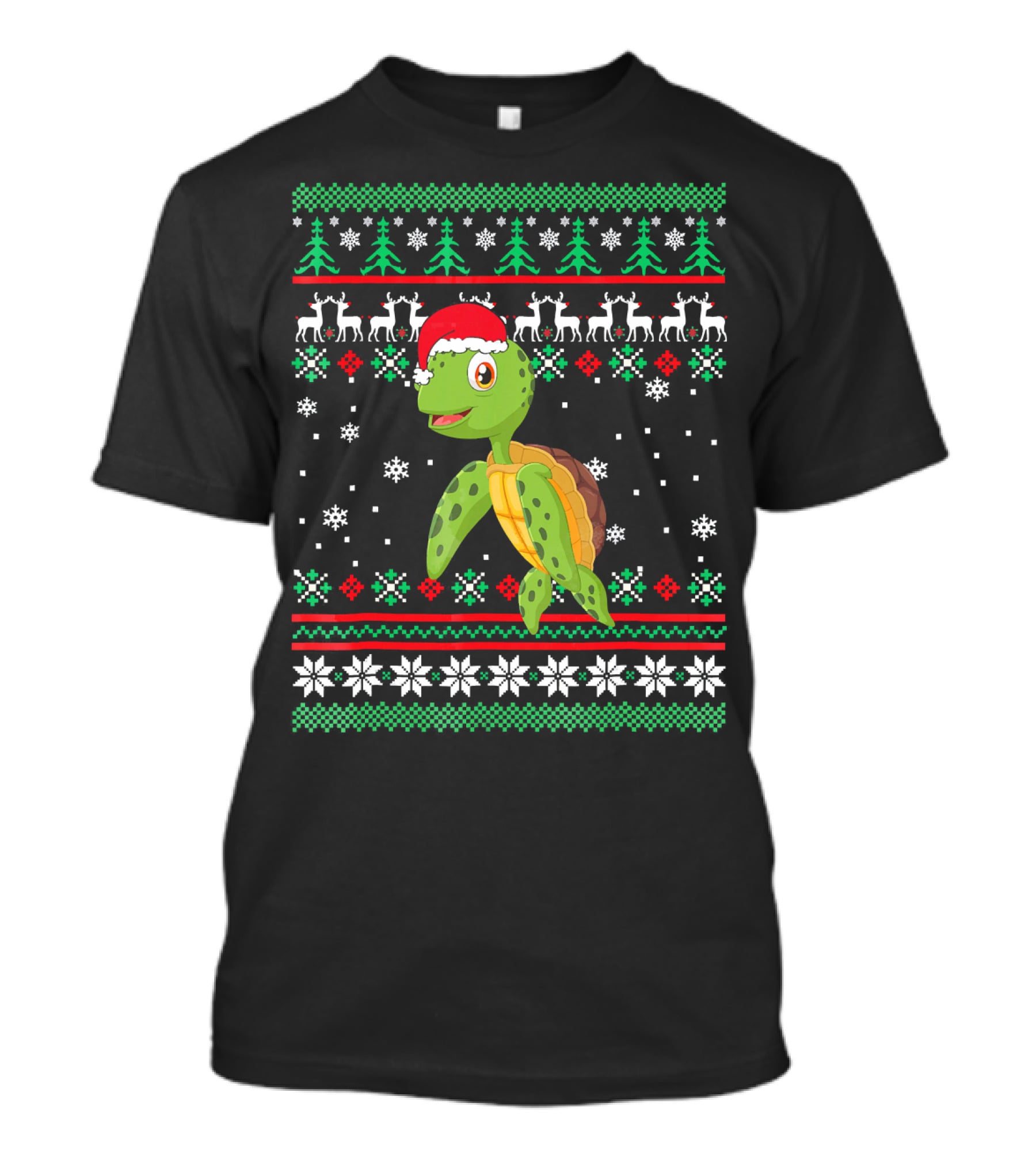 Sea Turtle With Santa Hat Christmas Sweater Pattern Snowflakes Reindeer Trees T-Shirt