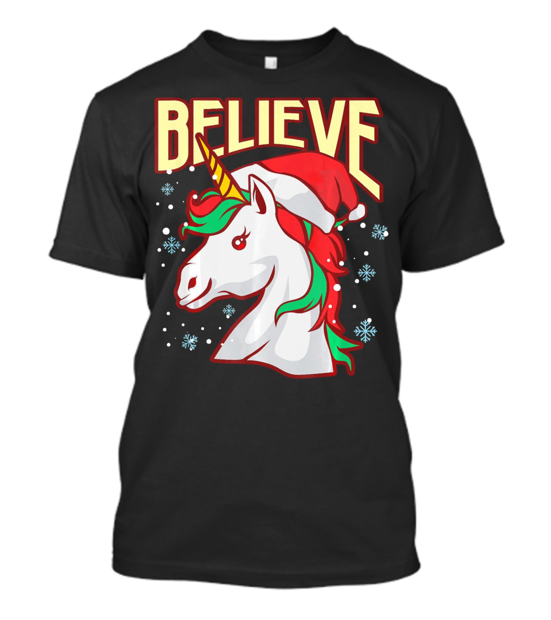 Believe The Unicorn Santa Hat Snowflakes T-Shirt