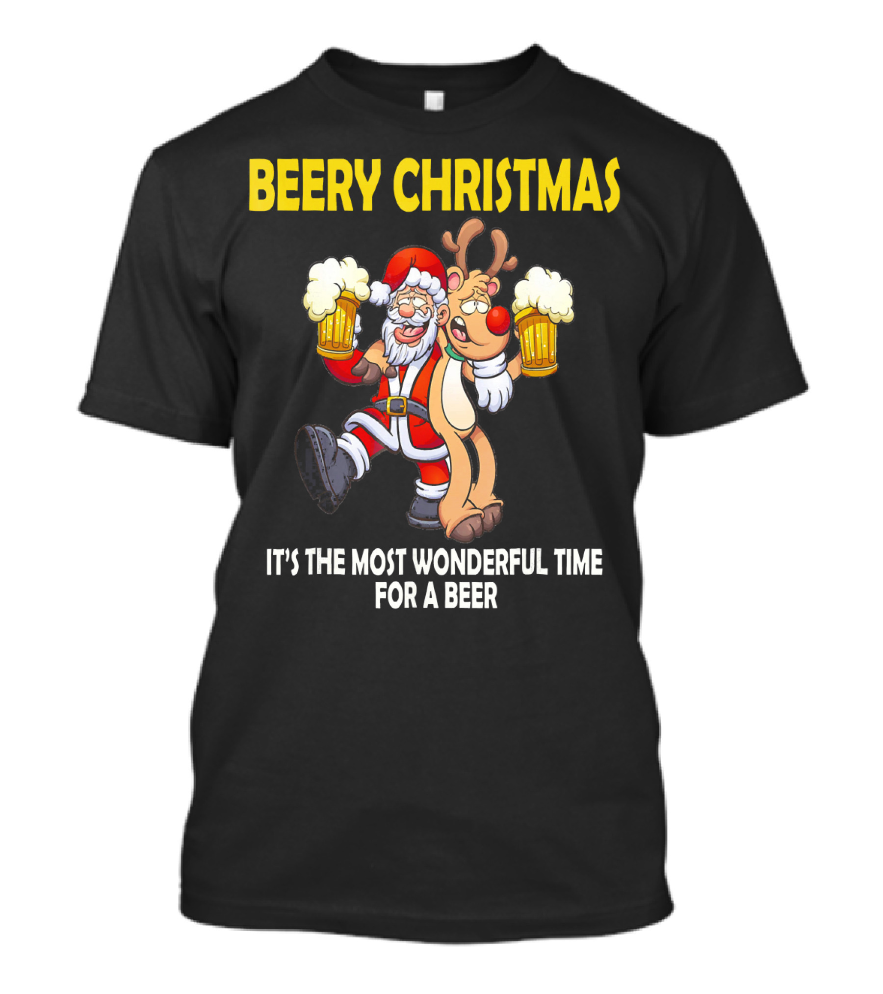 Beery Christmas It's The Most Wonderful Time For A Beer Santa And Reindeer Cheers T-Shirt