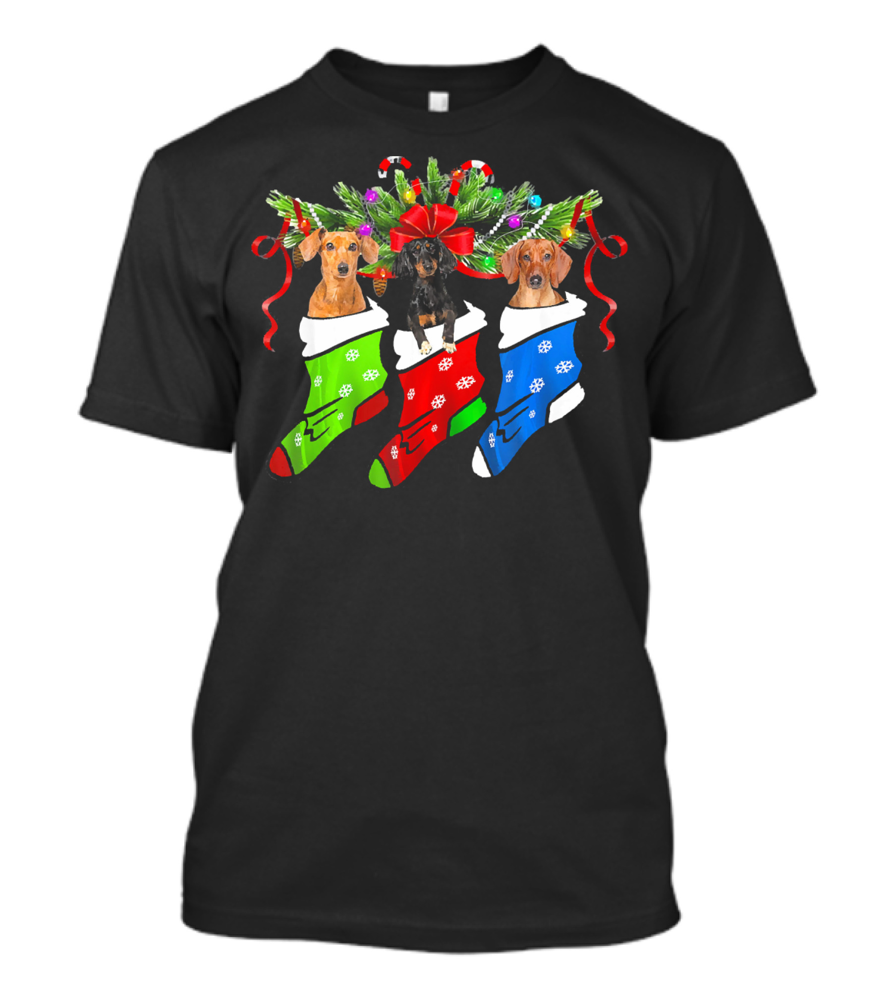 Funny Christmas Three Dachshund In Sock With Red Green Blue Holiday Stockings T-Shirt