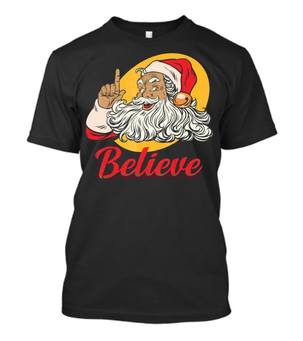 Black Santa Claus With Believe Caption And Yellow Background T-Shirt