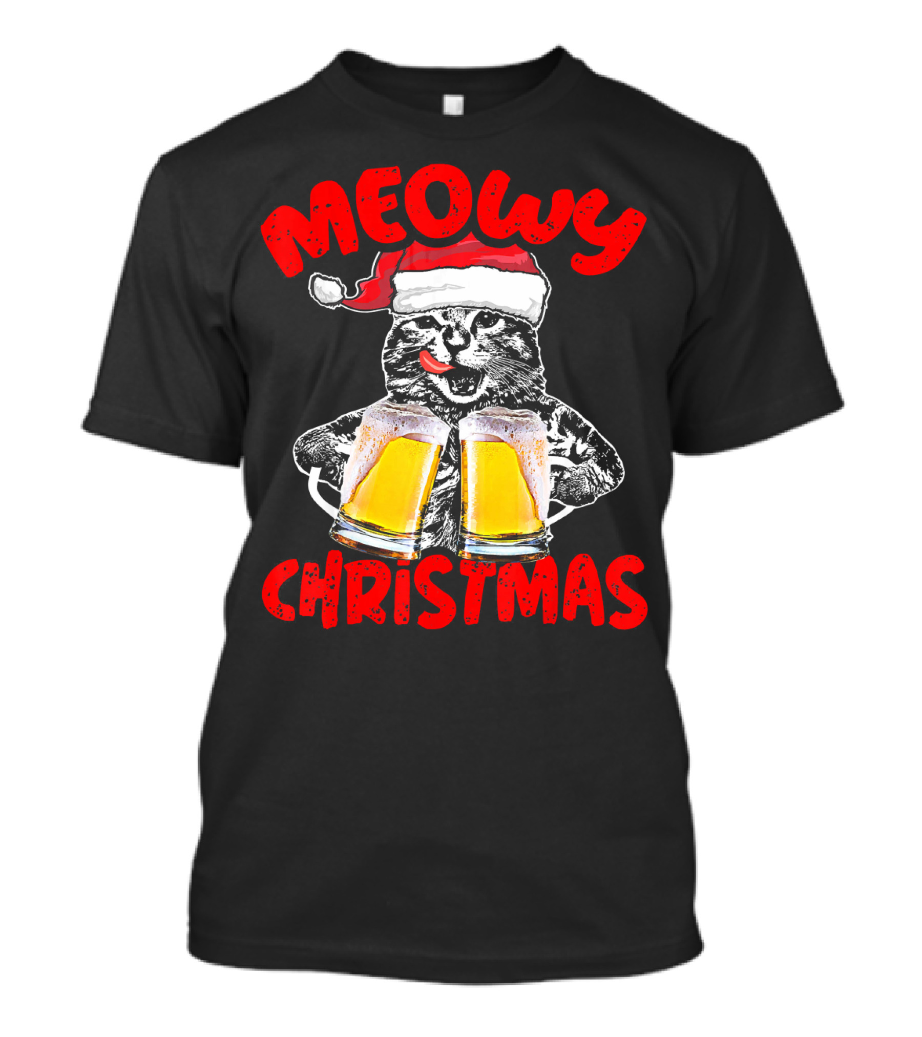 Meowy Christmas Funny Meow Drinking Beer Cat T-Shirt