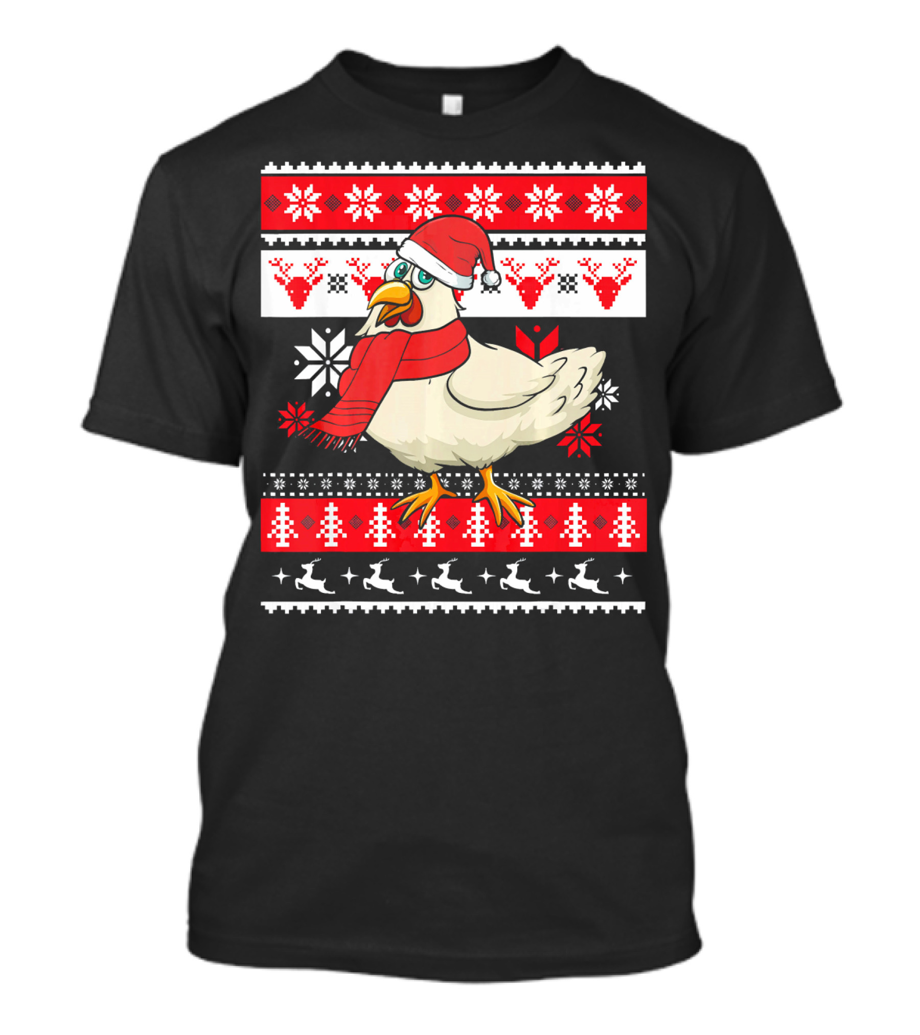 Ugly Christmas Chicken Santa Hat Snowflakes Reindeer Red Scarf T-Shirt