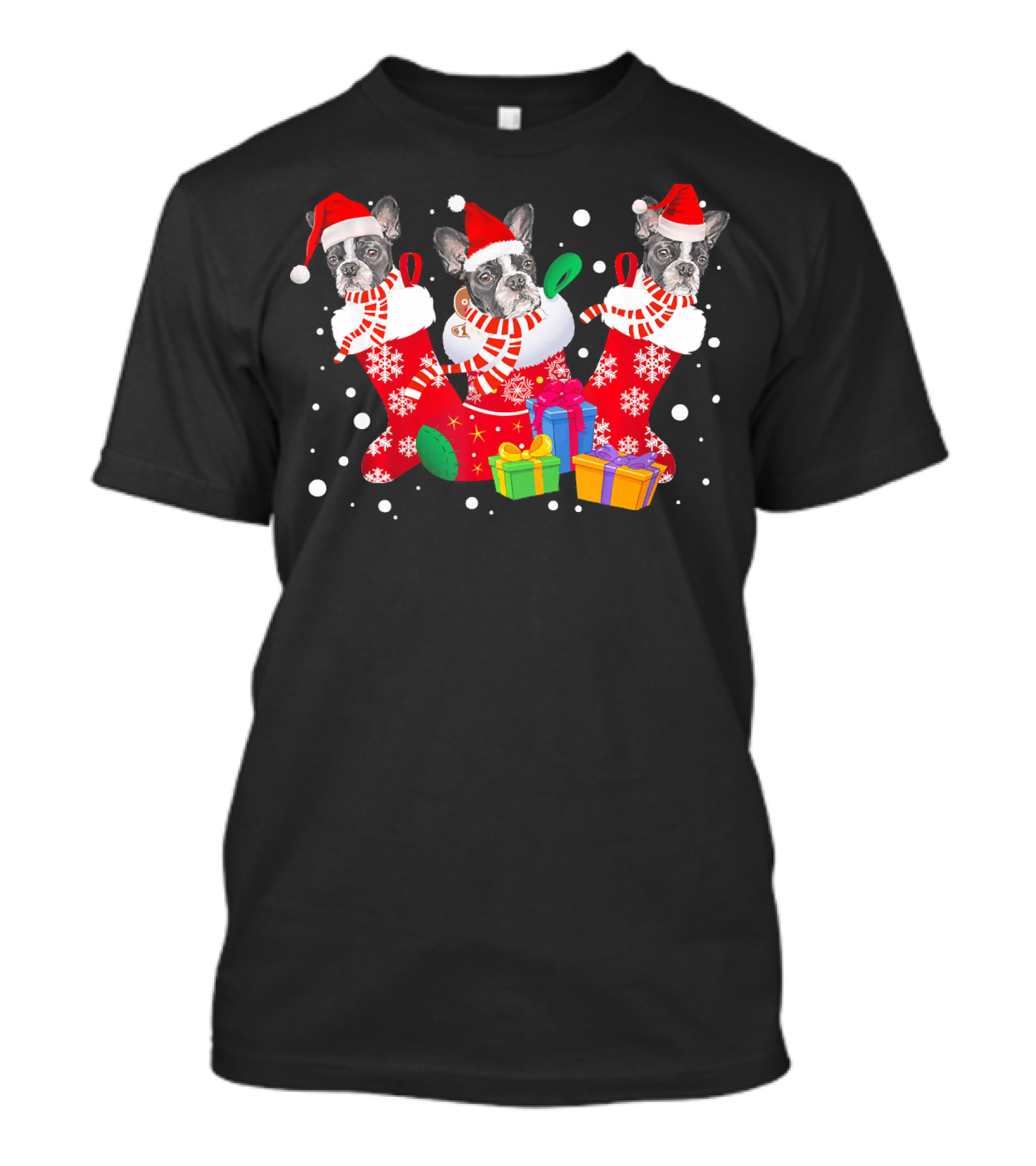 Three Boston Terrier In Santa Hat Stockings Christmas Gifts T-Shirt
