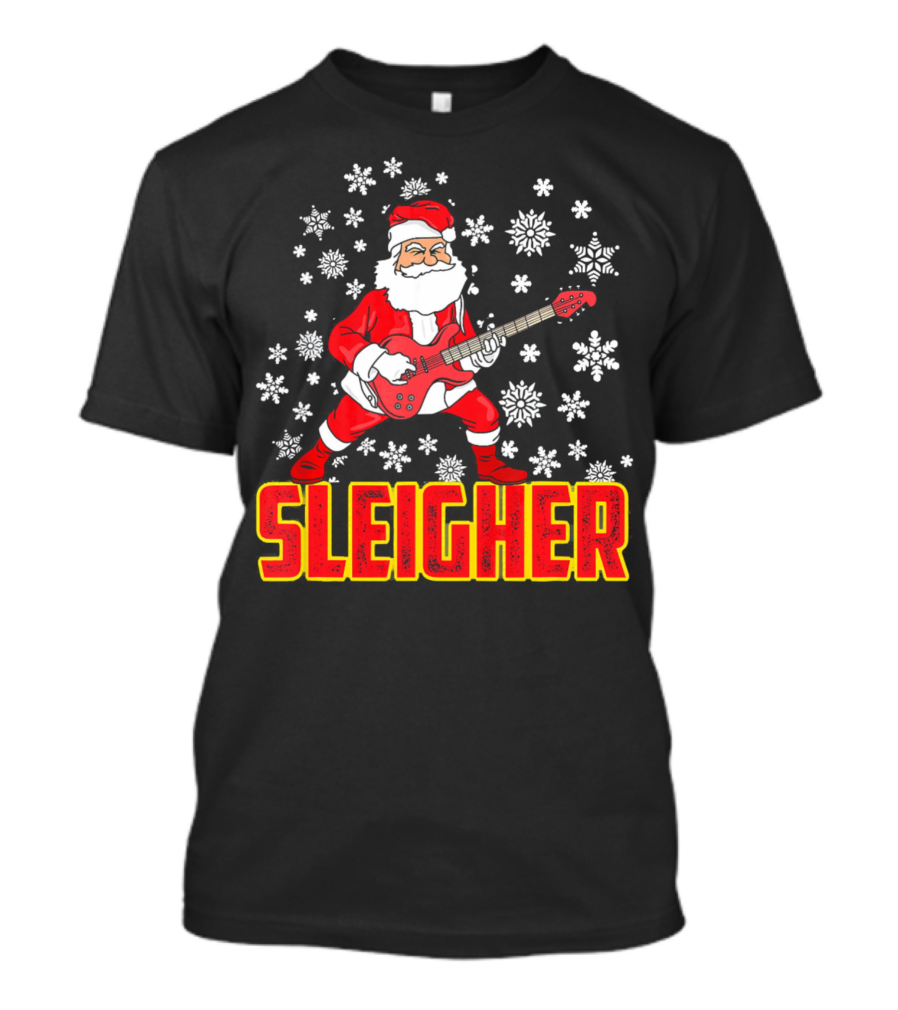 Sleigher Santa Claus With Guitar And Snowflakes T-Shirt