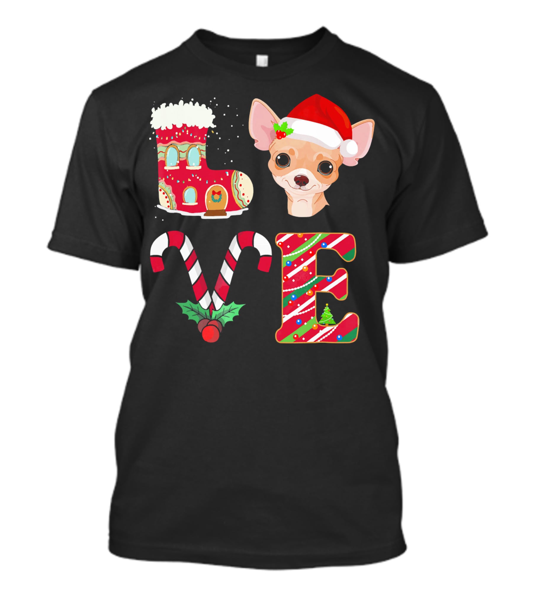 I Love My Chihuahua Christmas Theme With Santa Hat And Holiday Decorations T-Shirt