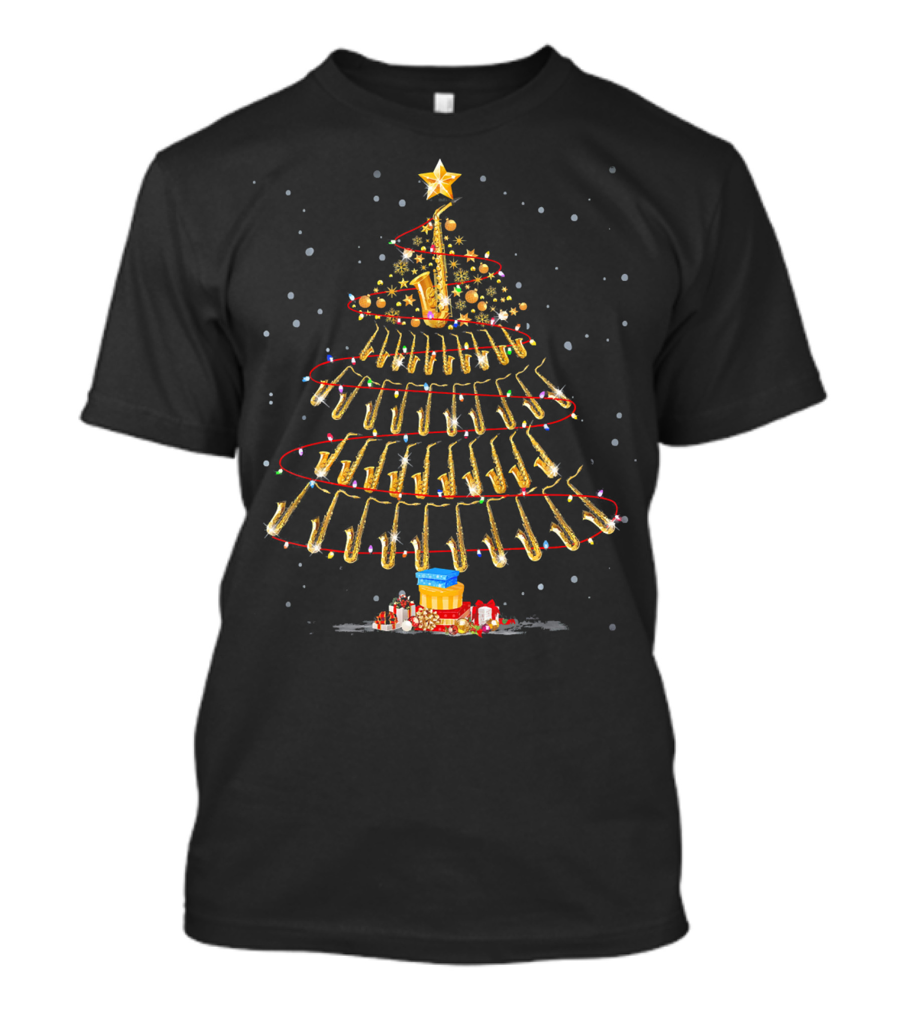Merry Christmas Saxophone Tree Hat In Snow Scene T-Shirt