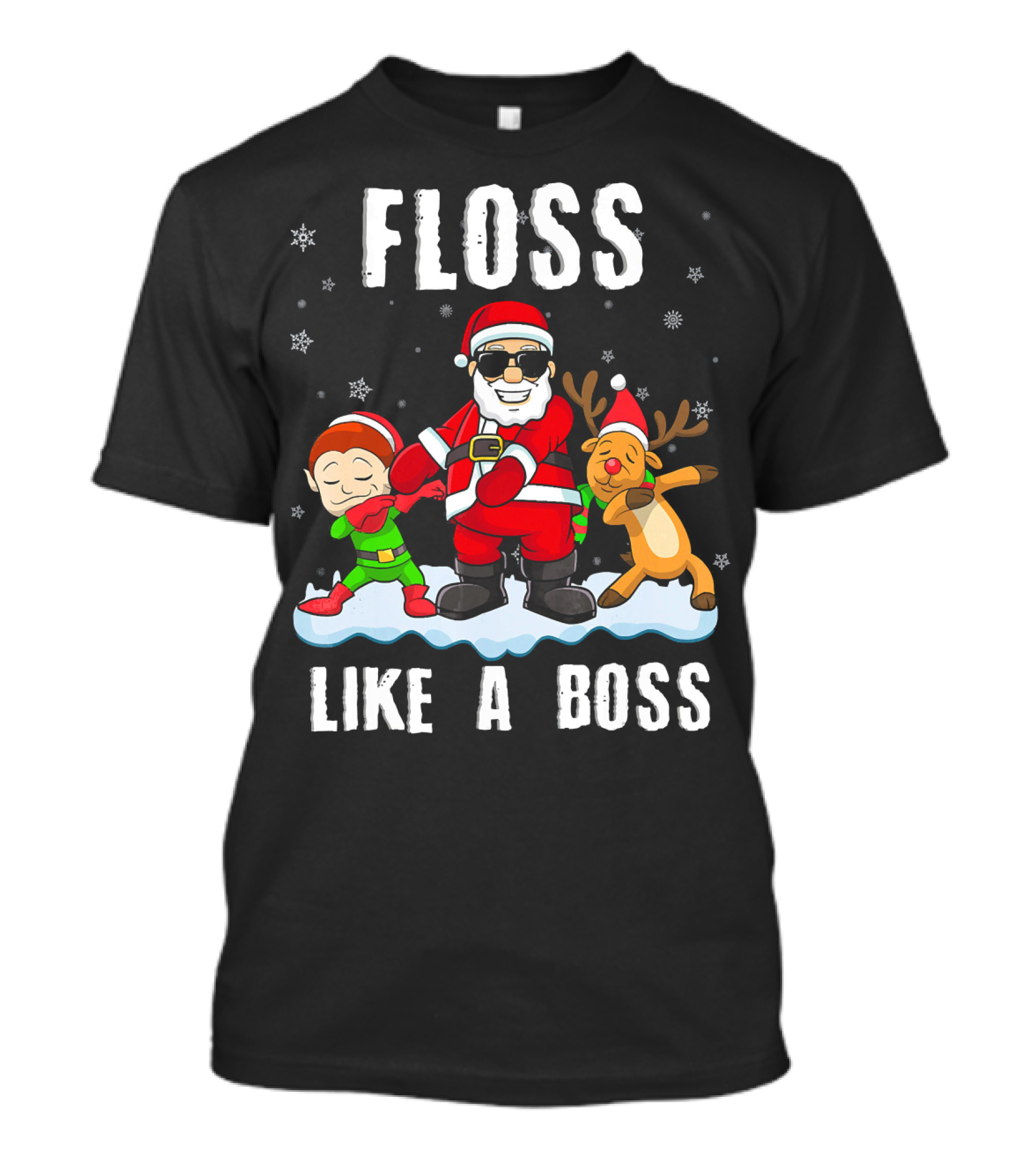 Floss Like A Boss Santa With Elf And Reindeer Dance Funny Christmas T-Shirt