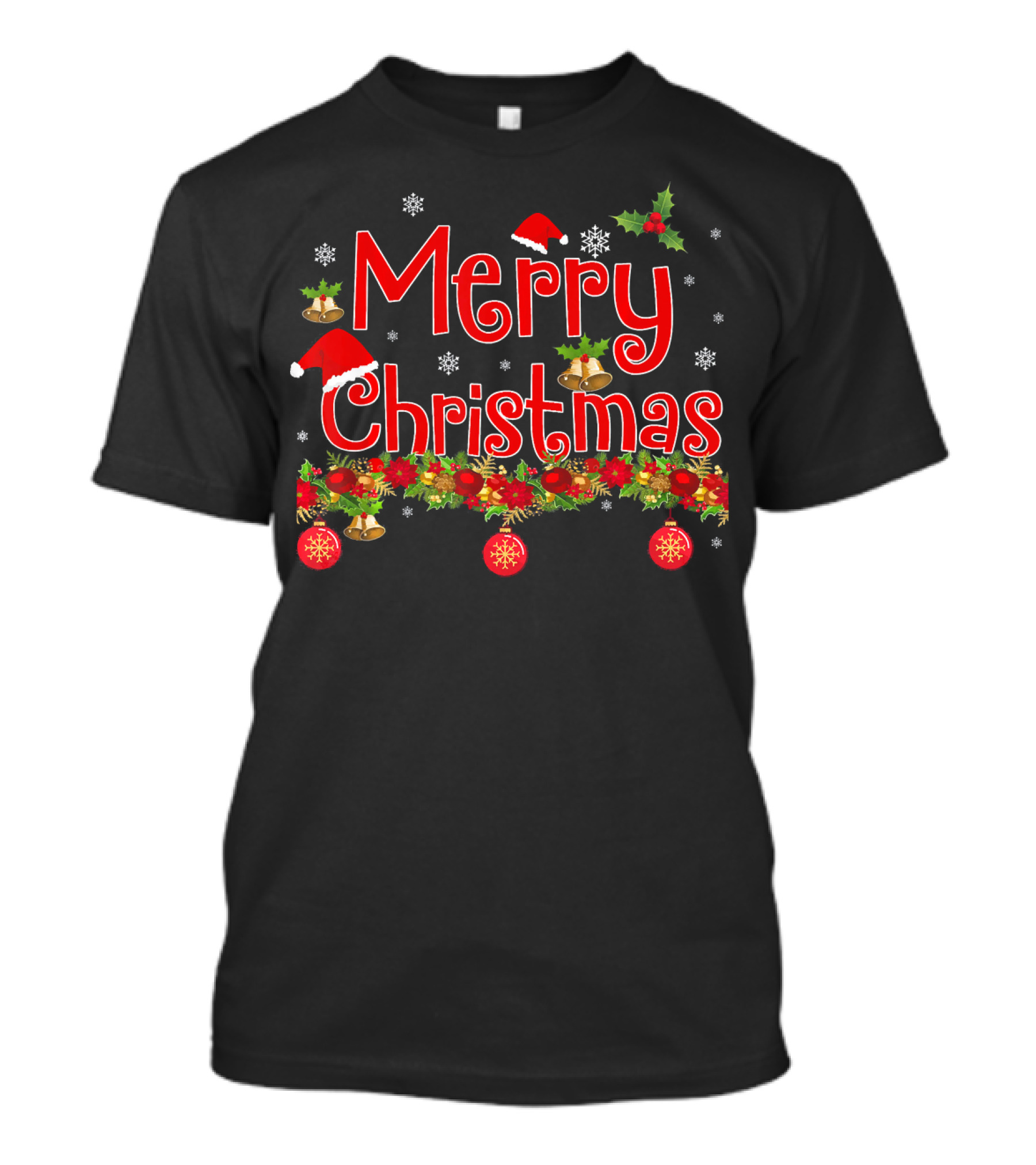 Merry Christmas Snowflakes Holly Santa Hat Bells Ornaments Garland T-Shirt