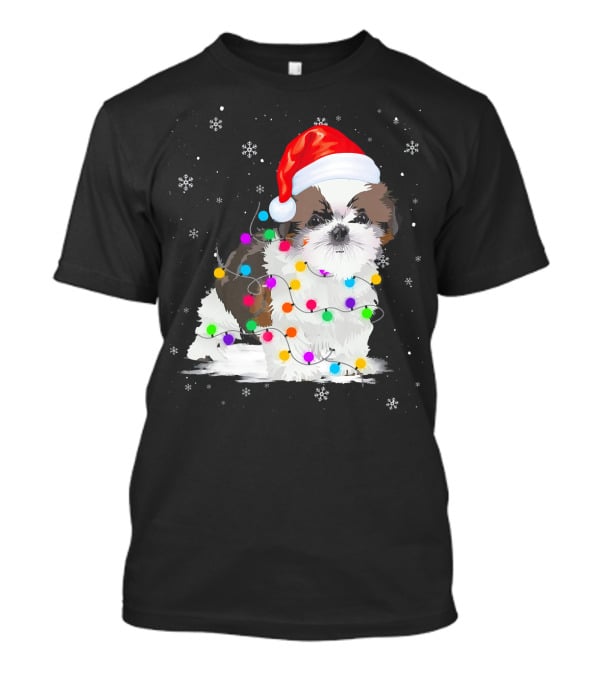 Shih Tzu Santa Hat Christmas Lights Snowflakes T-Shirt