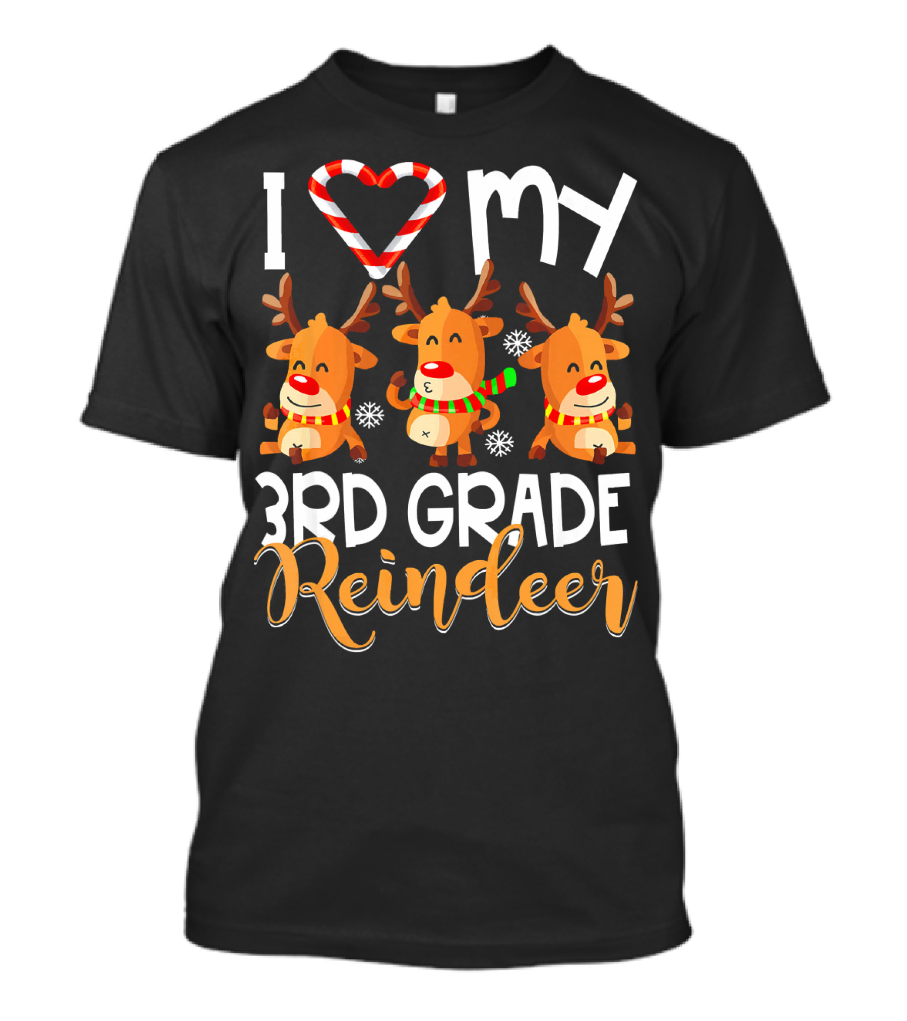 I Love My 3rd Grade Reindeer Christmas Design With Candy Cane Heart And Cute Reindeer Trio T-Shirt
