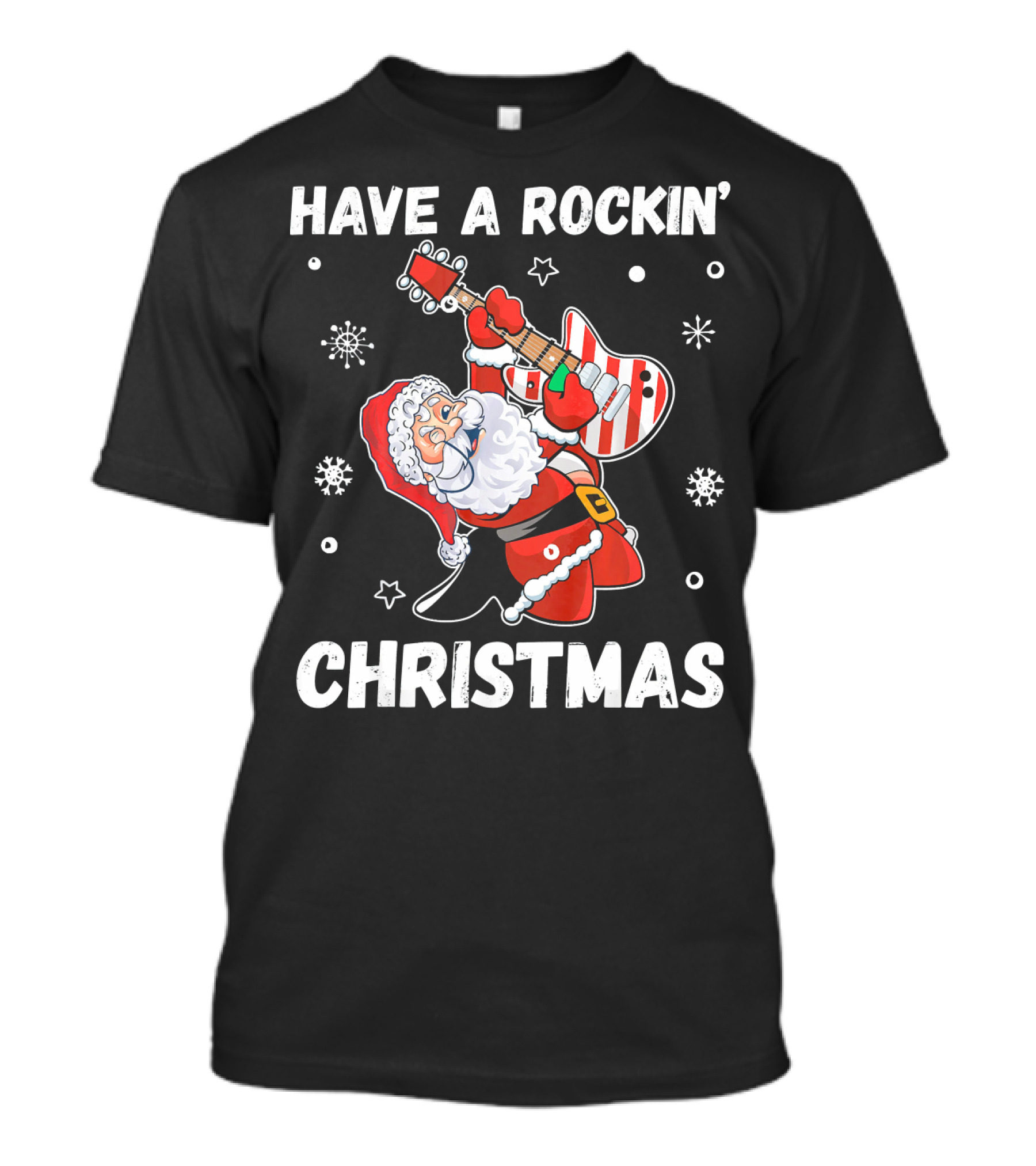 Have A Rockin' Christmas Guitarist Santa With Festive Snowflakes And Stars T-Shirt