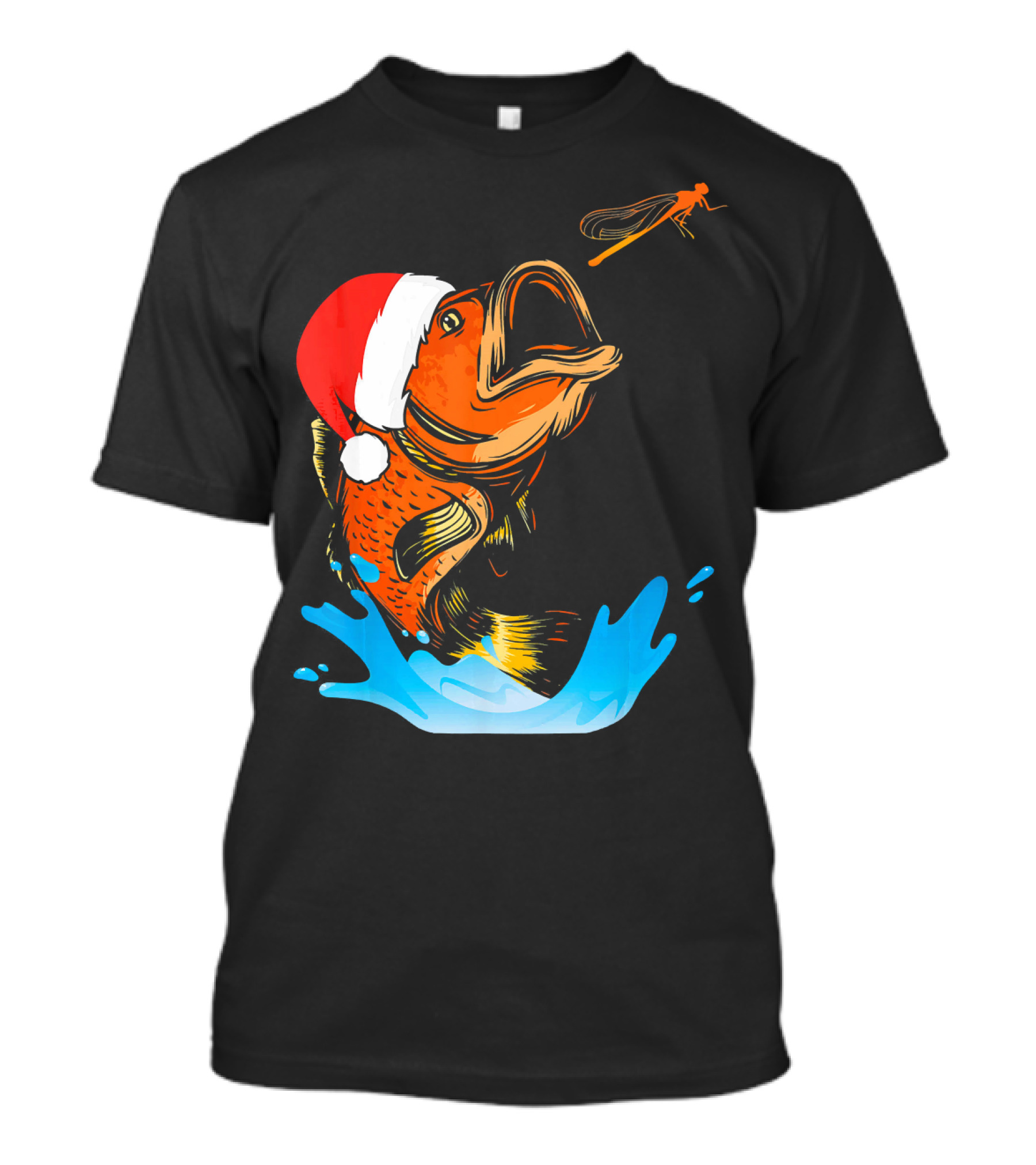 Bass Fishing Santa Hat Splashing Christmas Fish T-Shirt