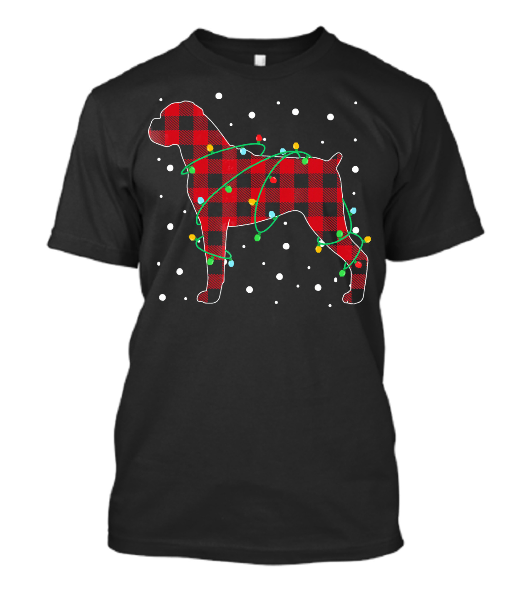 Red Plaid Boxer With Christmas Lights And Snowflakes T-Shirt