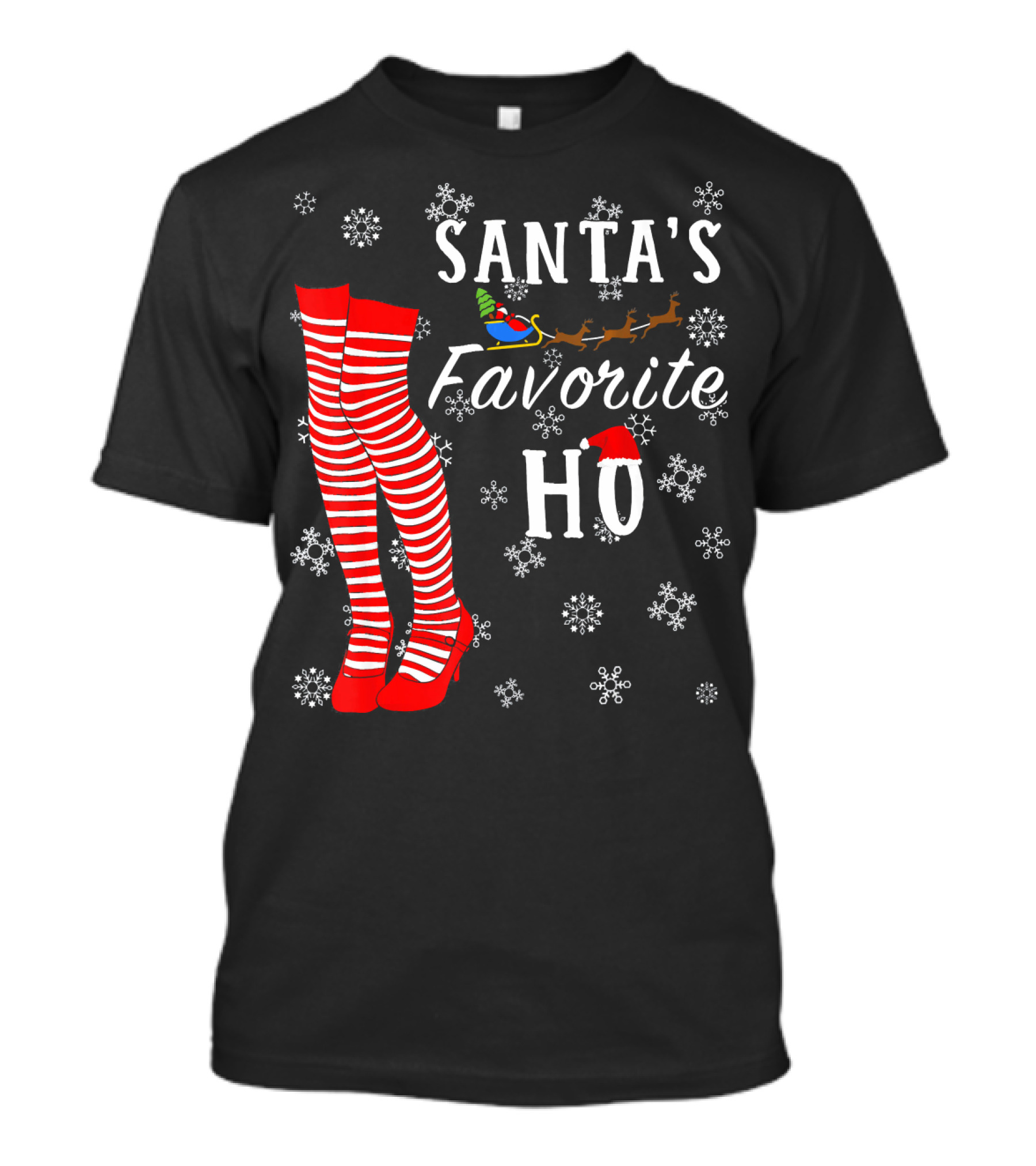 Santa's Favorite Ho Red Striped Stockings Snowflakes Sleigh T-Shirt