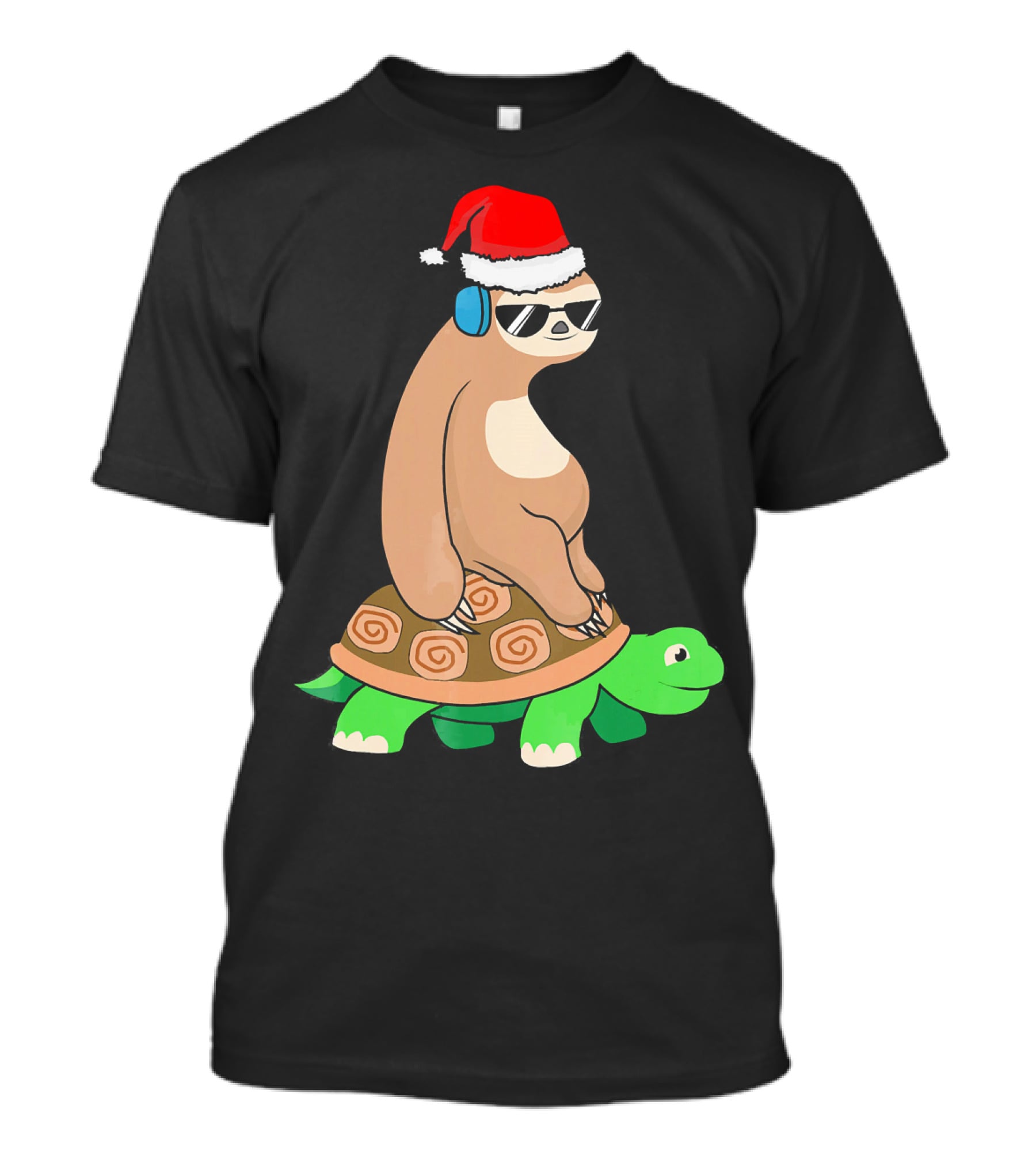 Xmas Sloth Riding Turtle Lazy Sloth Santa Hat Sunglasses T-Shirt