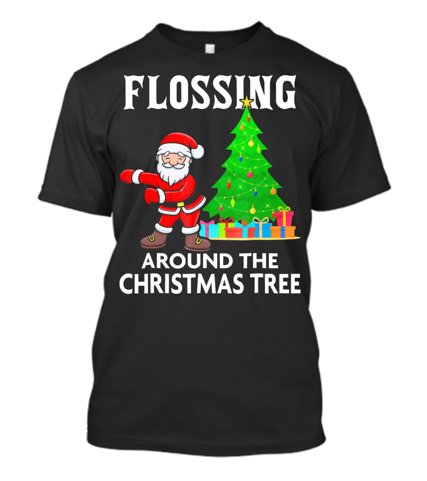 Flossing Santa Dancing Around The Christmas Tree With Presents T-Shirt