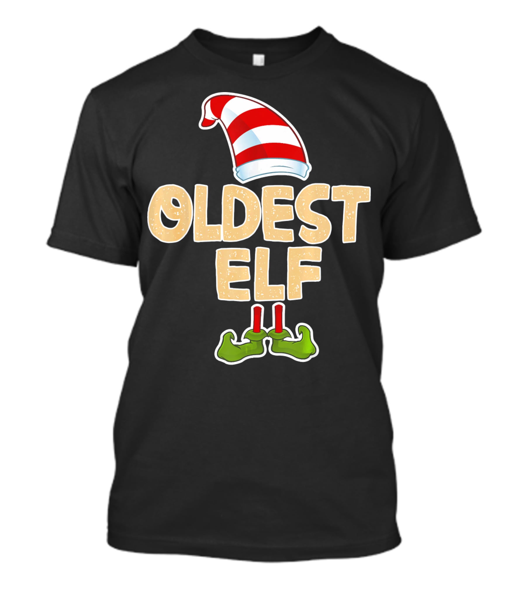 Oldest Elf Santa Hat Striped And Funny Green Shoes T-Shirt