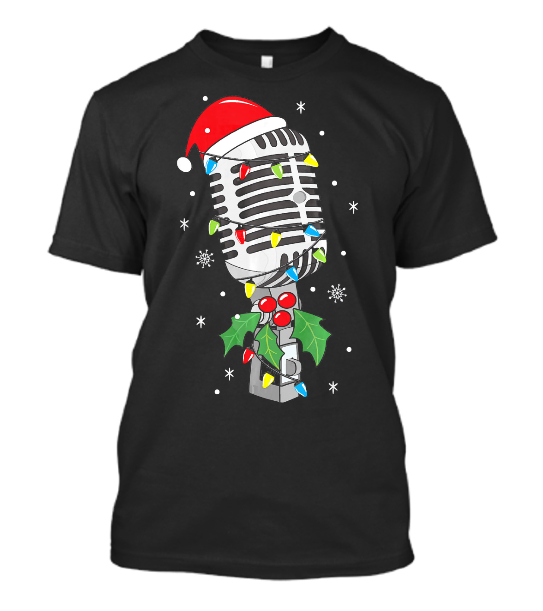 Retro Microphone With Santa Hat And Holiday Lights T-Shirt