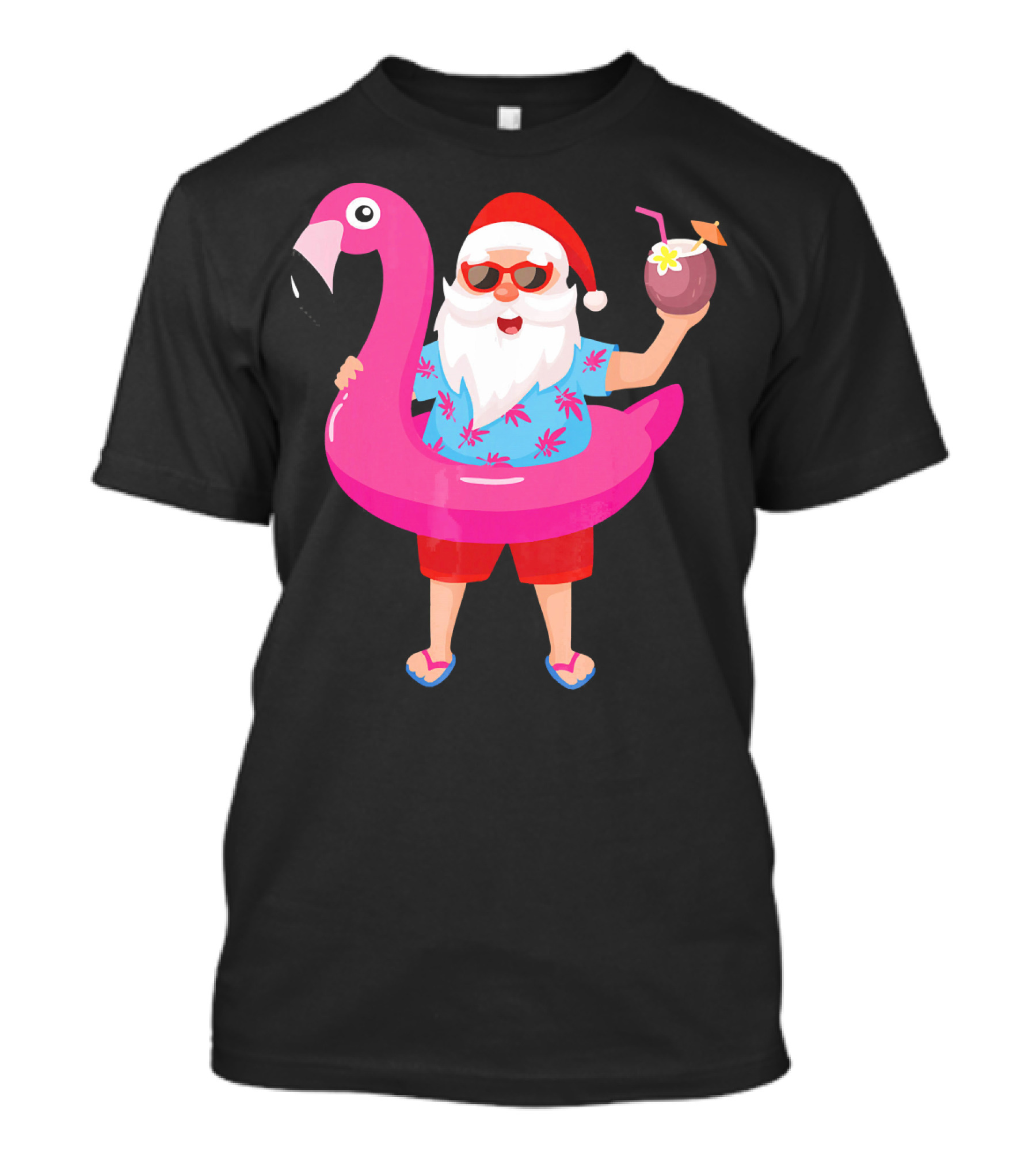 Funny Santa Claus With Flamingo And Tropical Drink T-Shirt