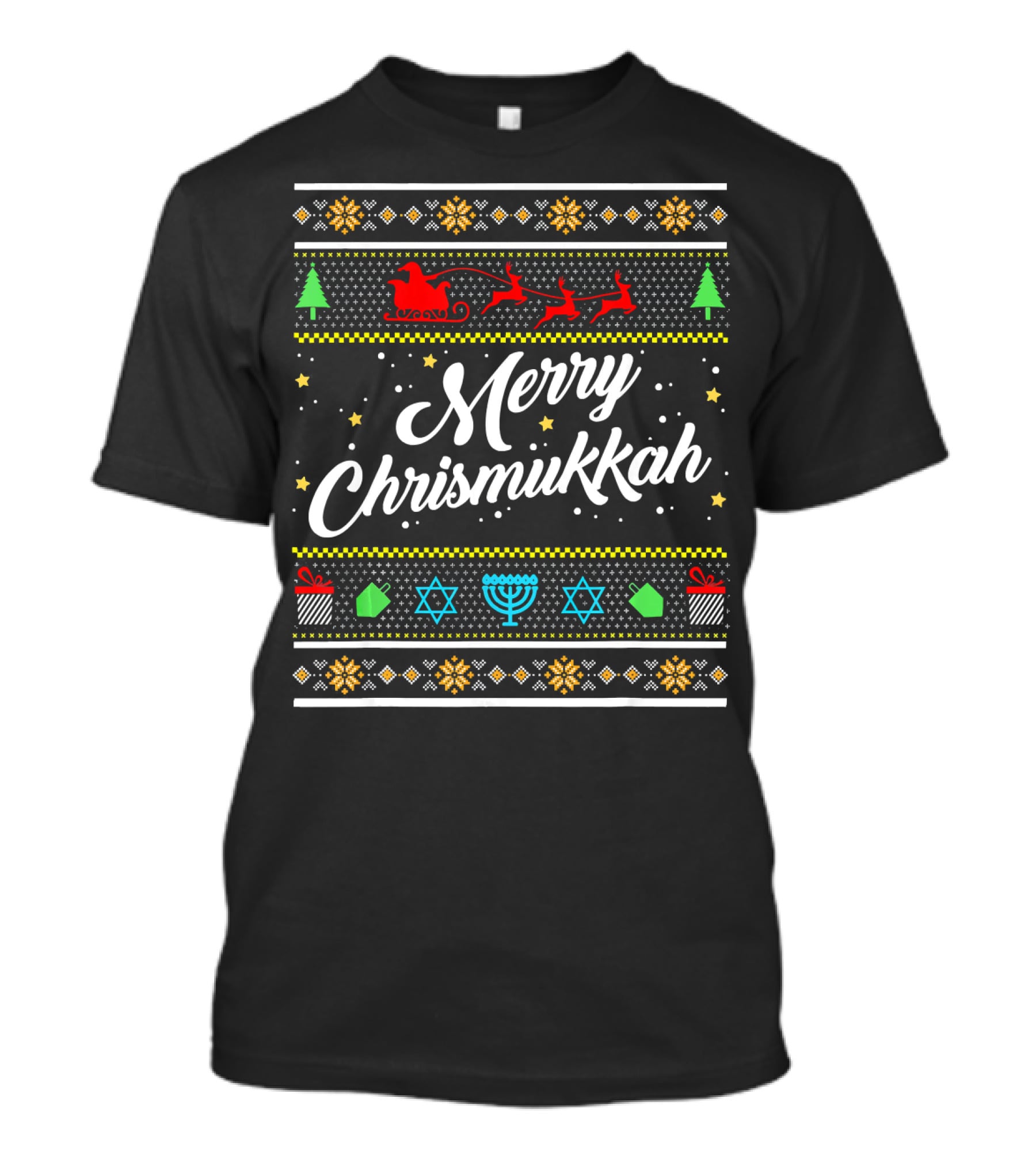 Merry Chrismukkah Santa Sleigh Menorah Stars Trees Snowflakes T-Shirt