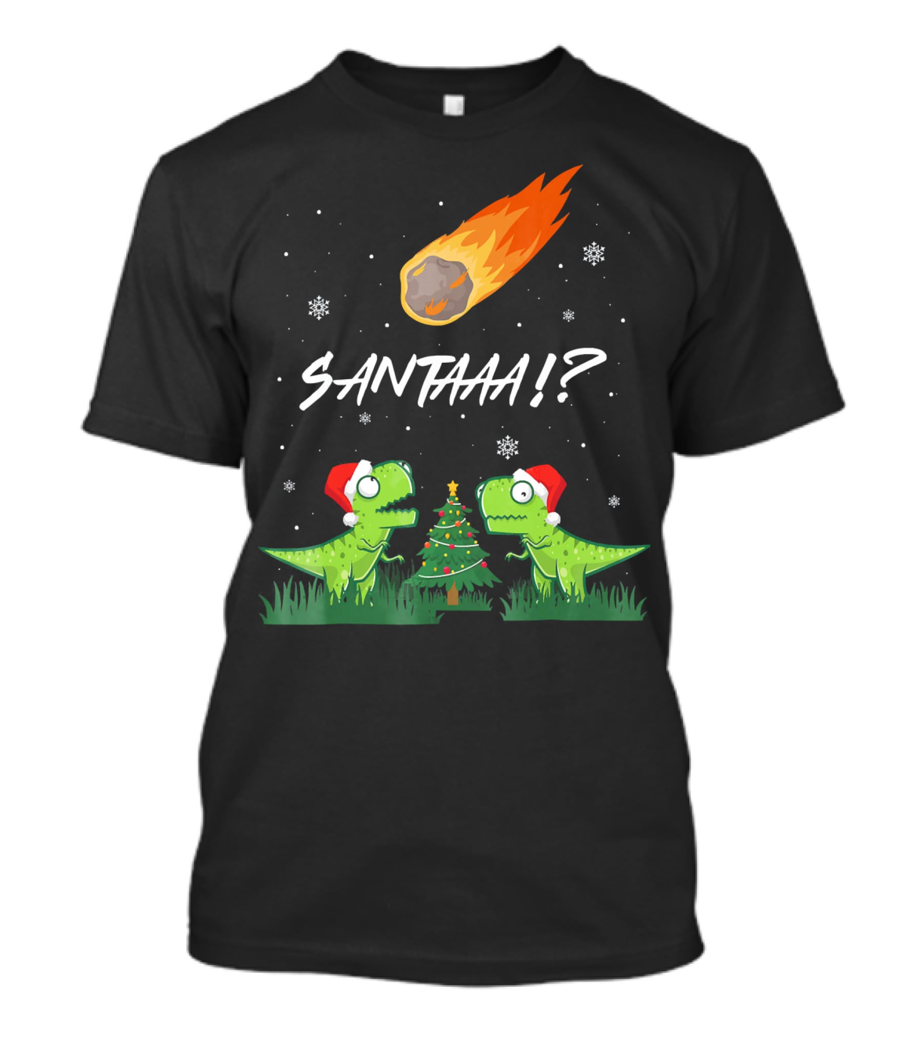 SANTAAA? Funny Rex Santa Hat Meteor Christmas Tree T-Shirt