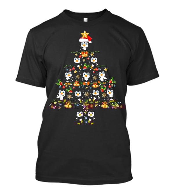 Penguin Christmas Tree Merry Holiday Penguins Santa Hat Ornaments Star Garland T-Shirt