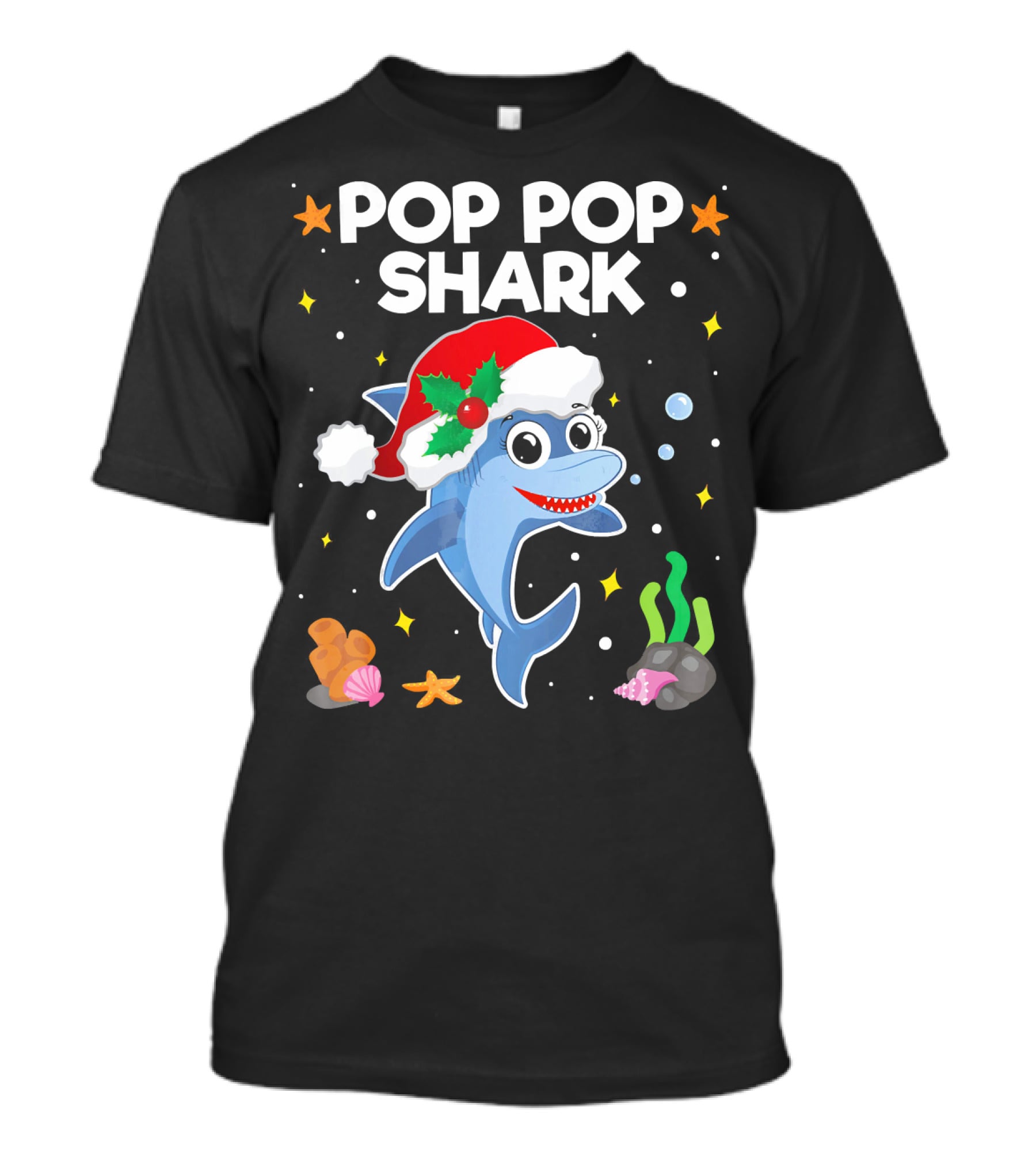 Pop Pop Shark Santa Christmas Grandpa Grandma Ocean T-Shirt