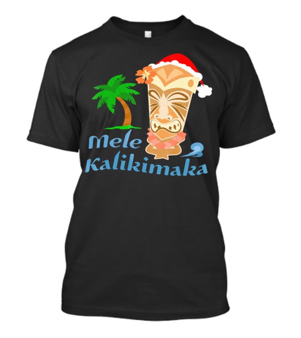Mele Kalikimaka Hawaiian Christmas Tiki With Palm Tree And Santa Hat T-Shirt
