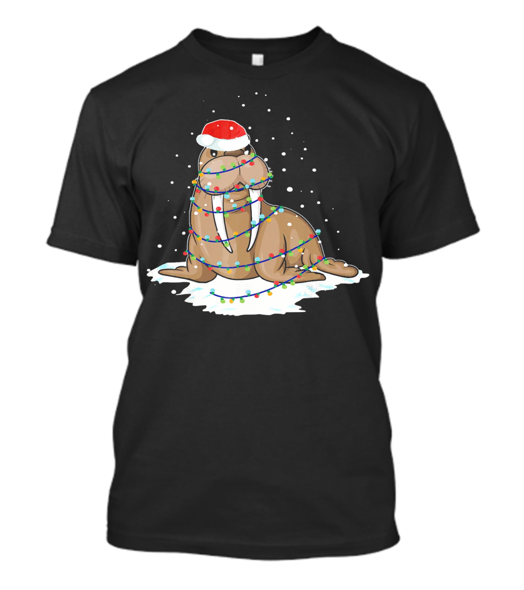 Walrus Wrapped In Christmas Lights With Santa Hat On Snow T-Shirt