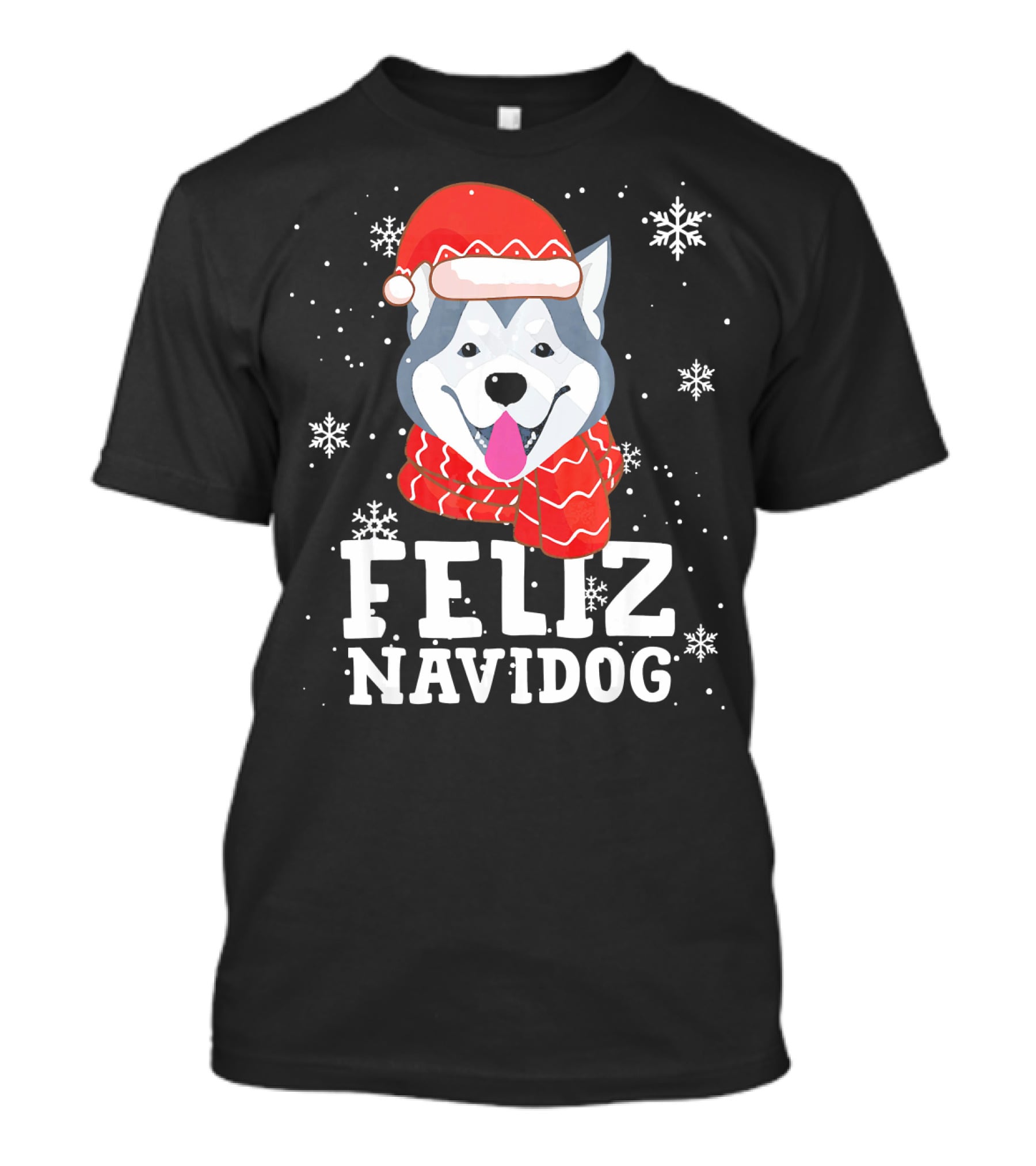 Feliz Navidog Husky Siberian Dog Festive Holiday Santa Hat And Snowflakes T-Shirt