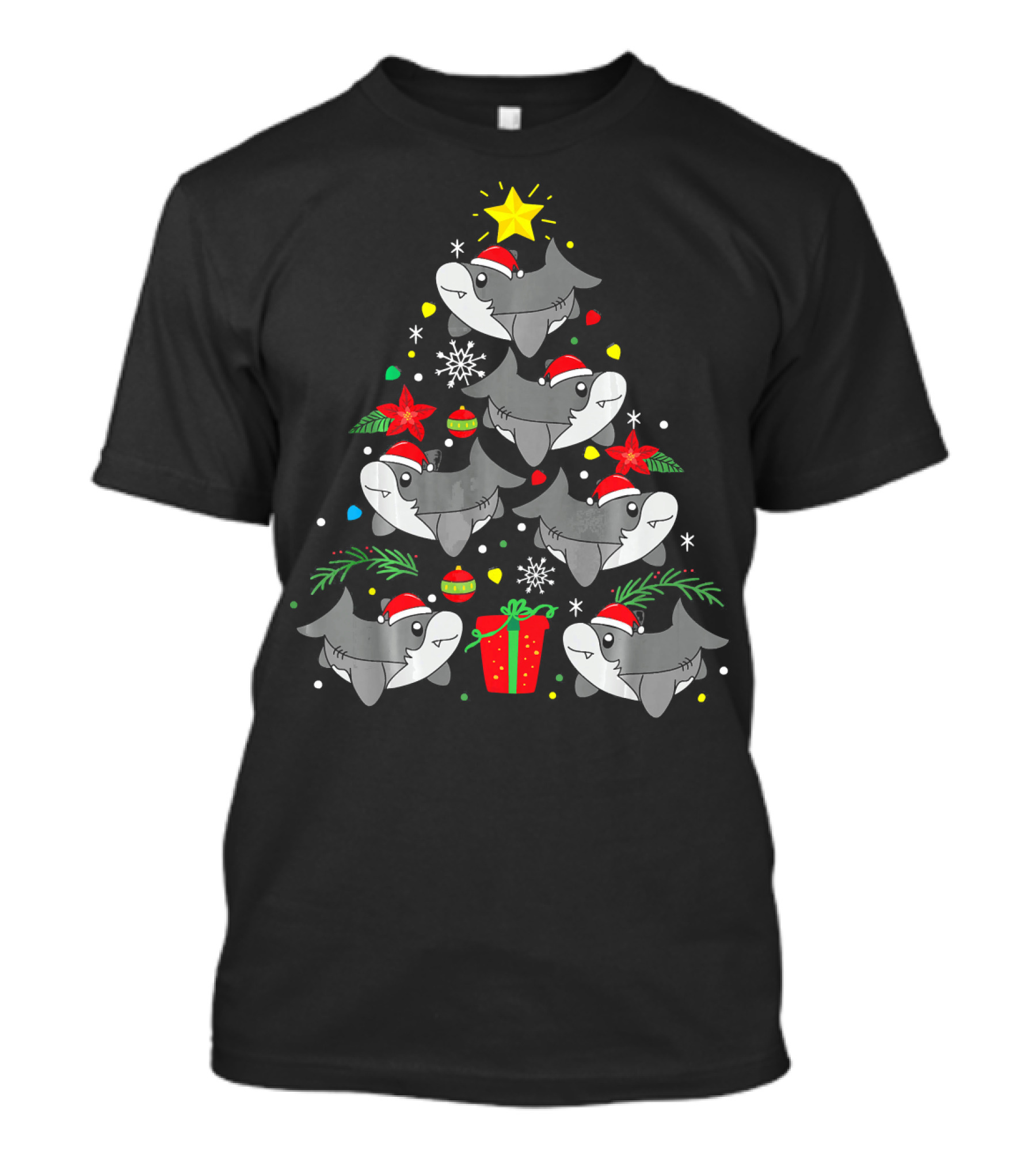 Shark Christmas Tree With Santa Hats And Ornaments T-Shirt