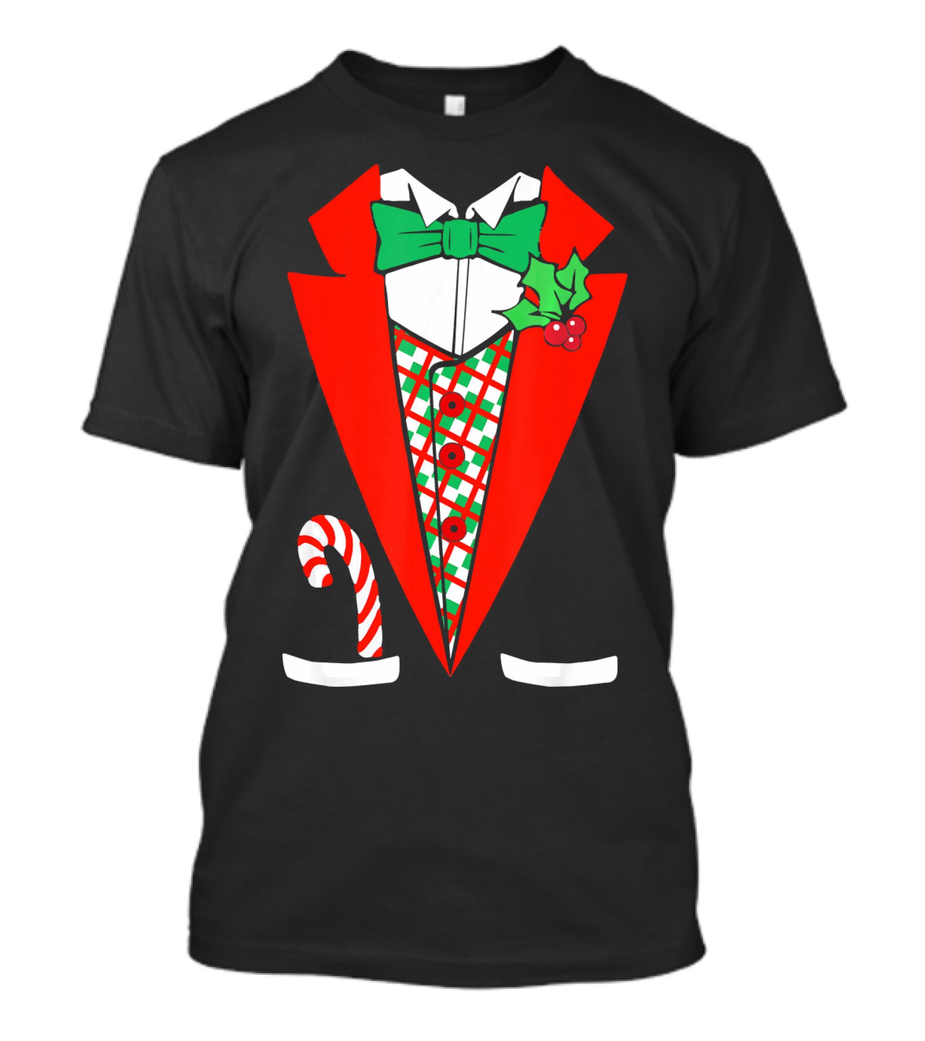 Candy Cane Green Red Tuxedo With Holly Bow Tie T-Shirt