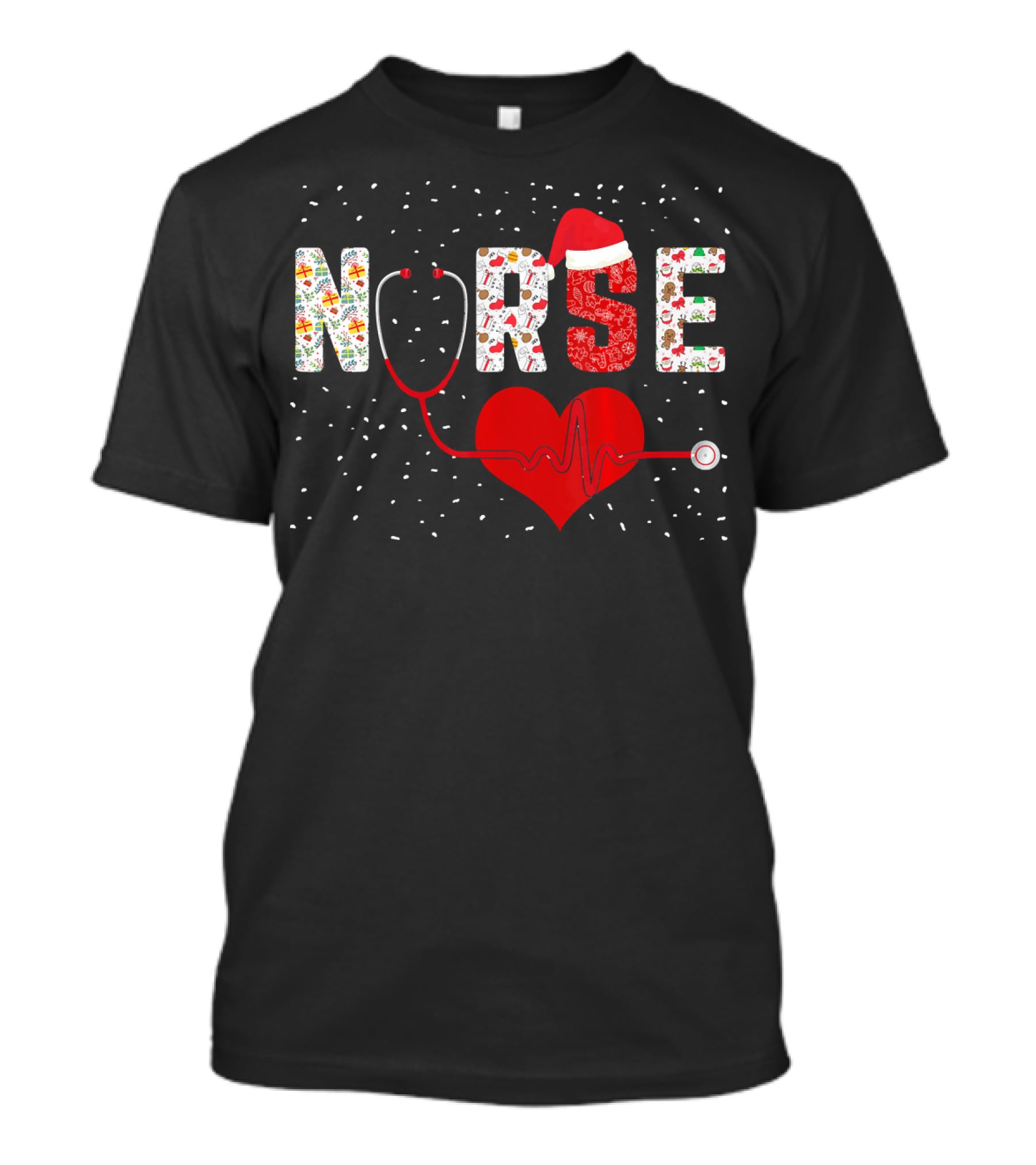 Nurse Christmas Heart Stethoscope Snowflakes Santa Hat T-Shirt