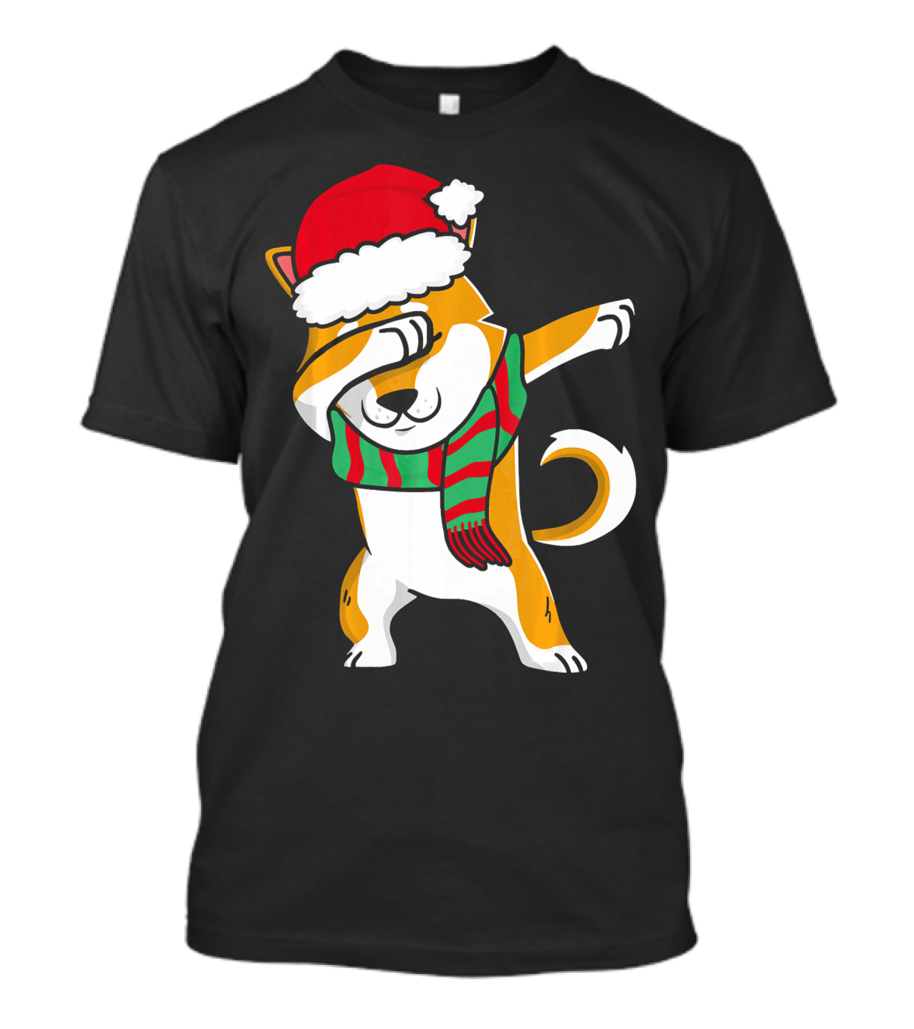 Dabbing Shiba Dog Christmas Santa Hat Scarf T-Shirt