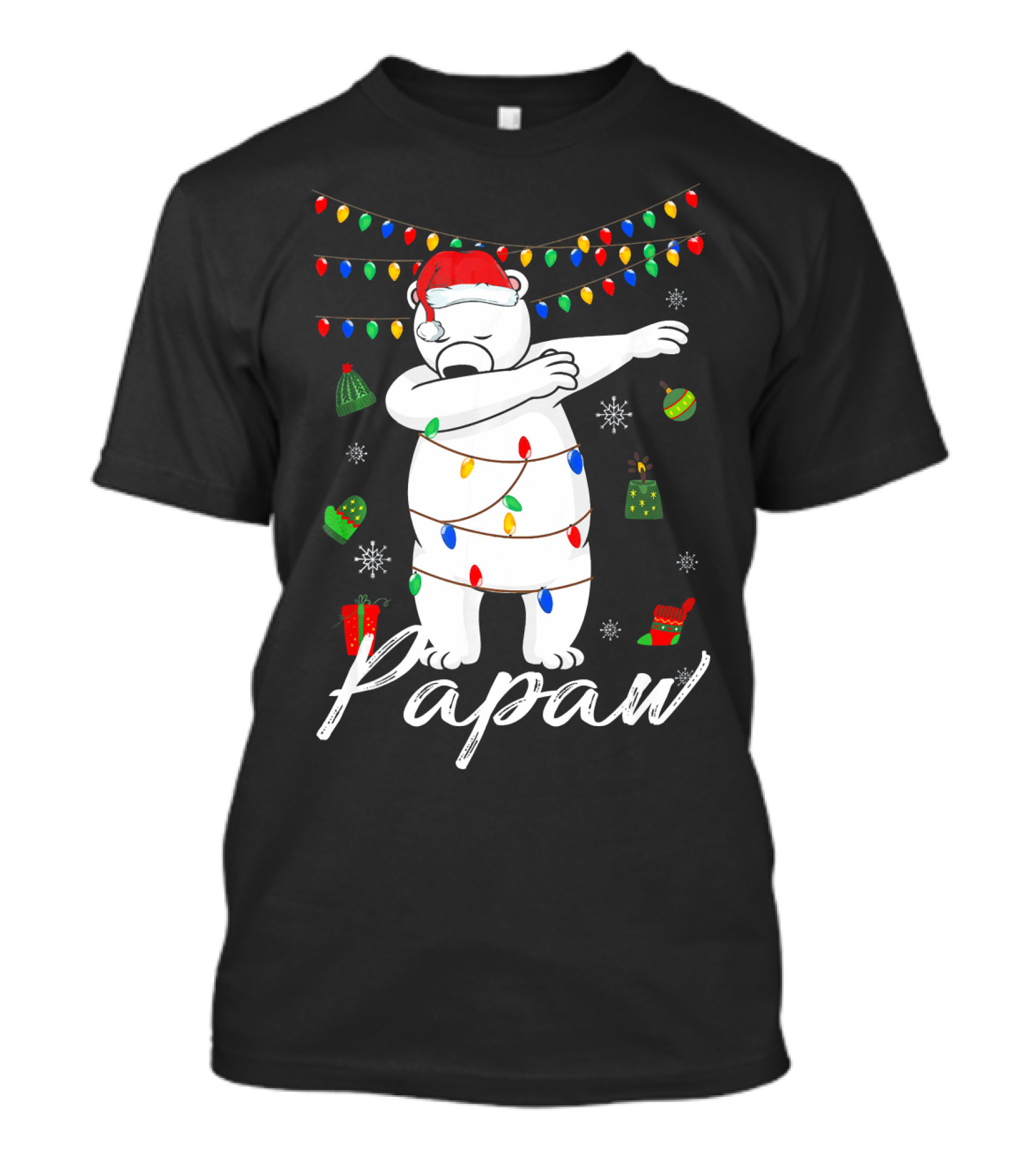 Papaw Bear Dabbing With Santa Hat And Christmas Lights And Gifts T-Shirt