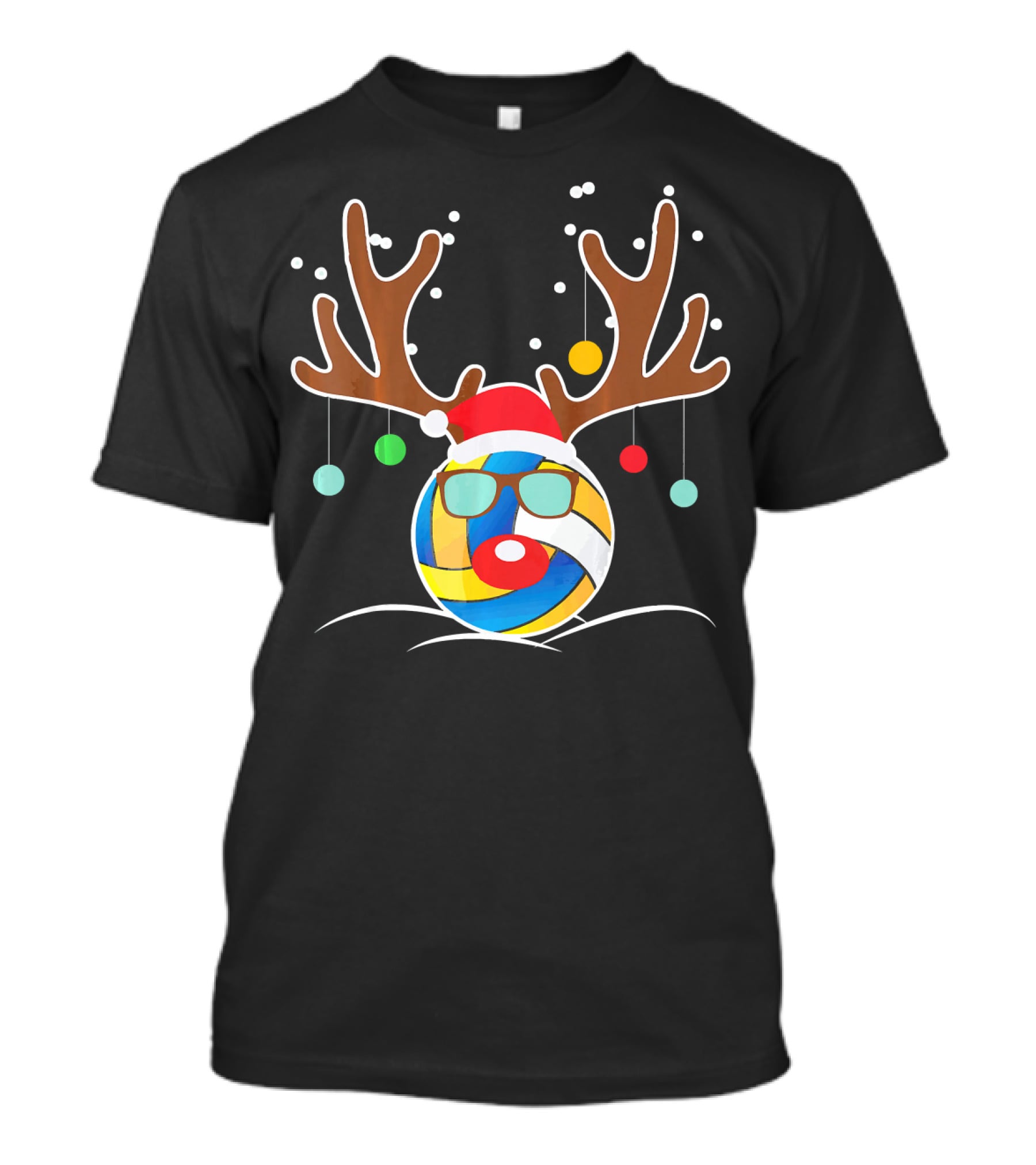 Volleyball Christmas Funny Reindeer Santa Hat Antlers Sunglasses Holiday Ornaments T-Shirt
