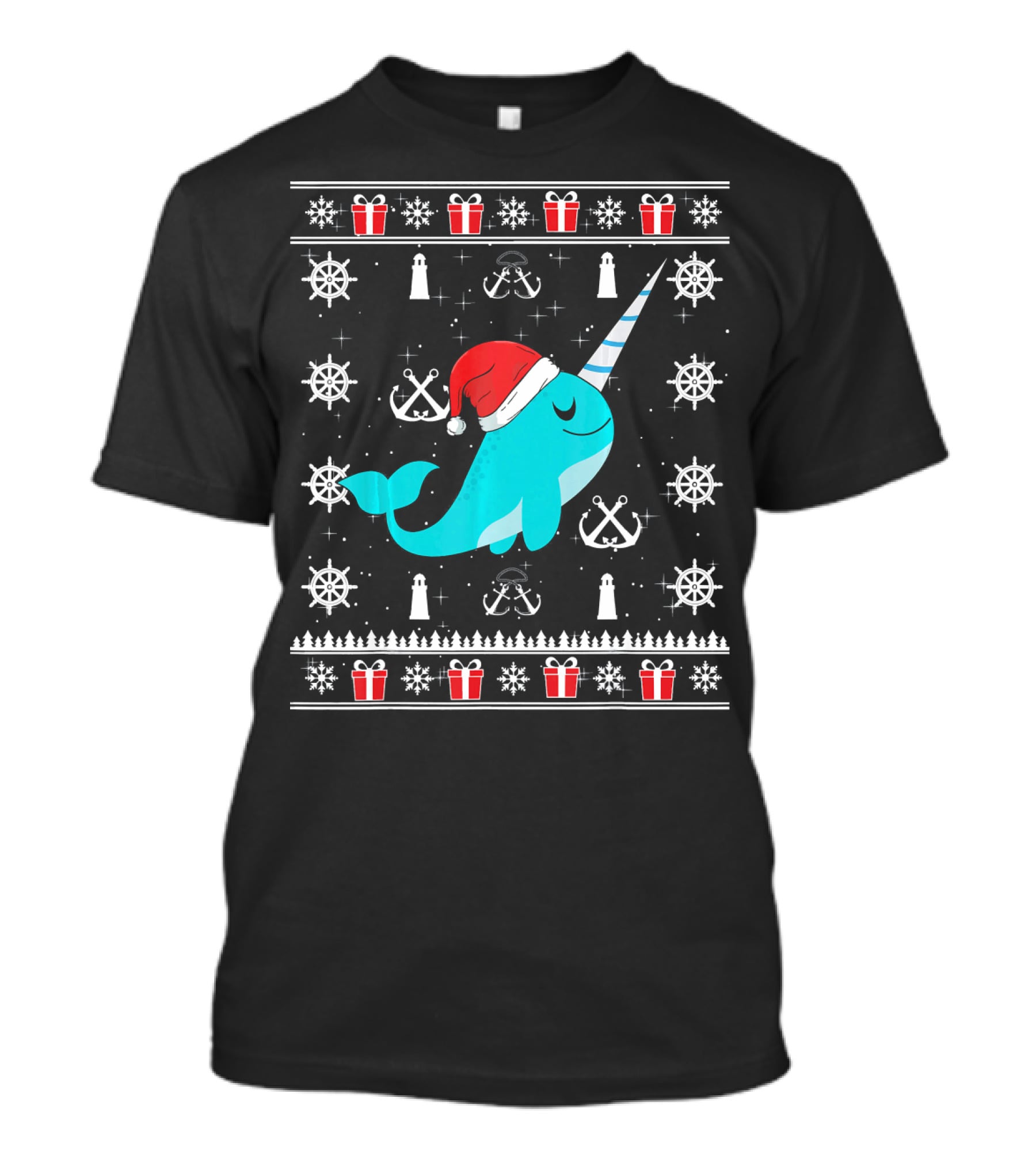 Narwhals Christmas Style With Santa Hat Anchors And Snowflakes T-Shirt