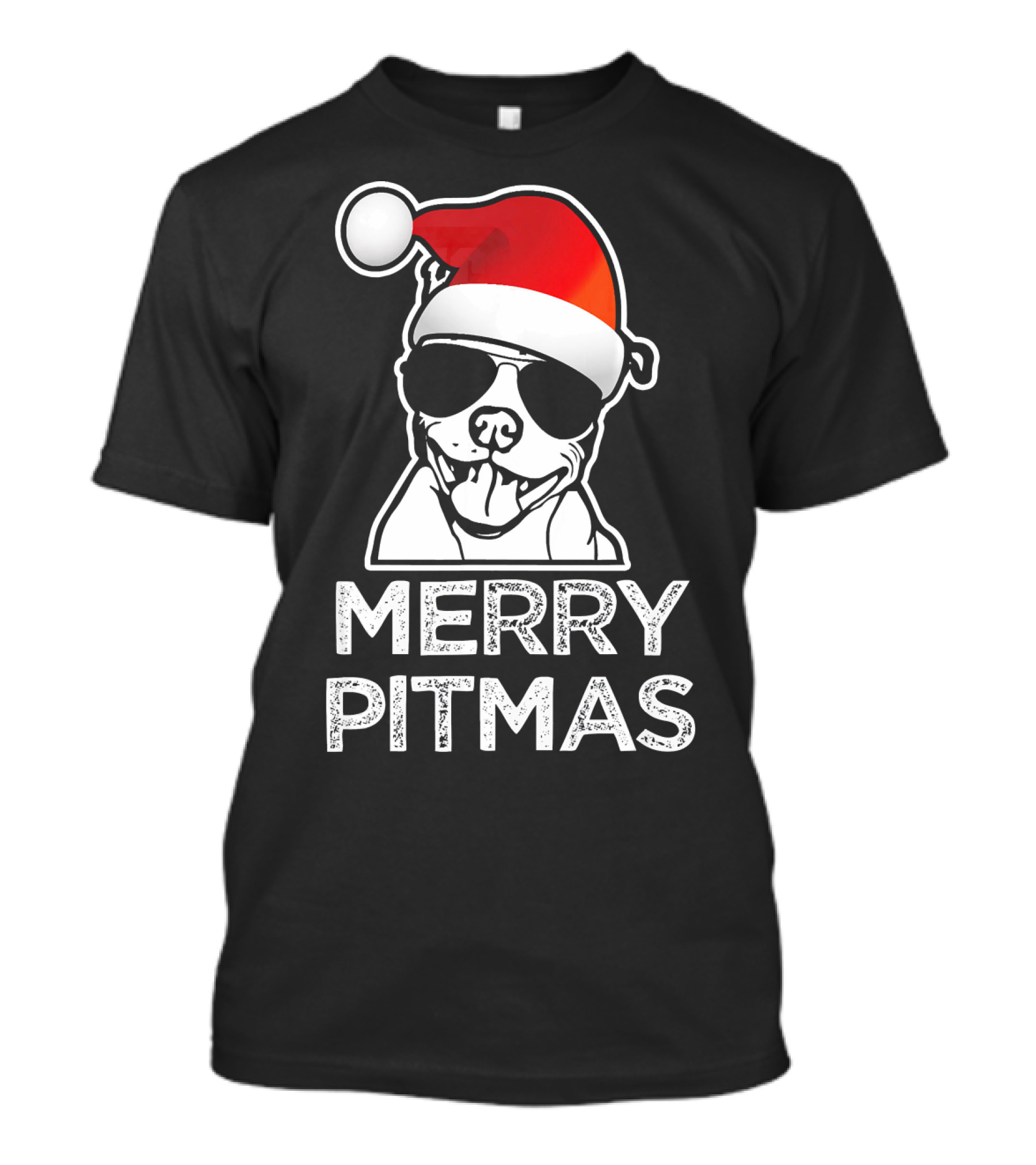 Merry Pitmas Funny Christmas Pitbull With Santa Hat And Sunglasses T-Shirt