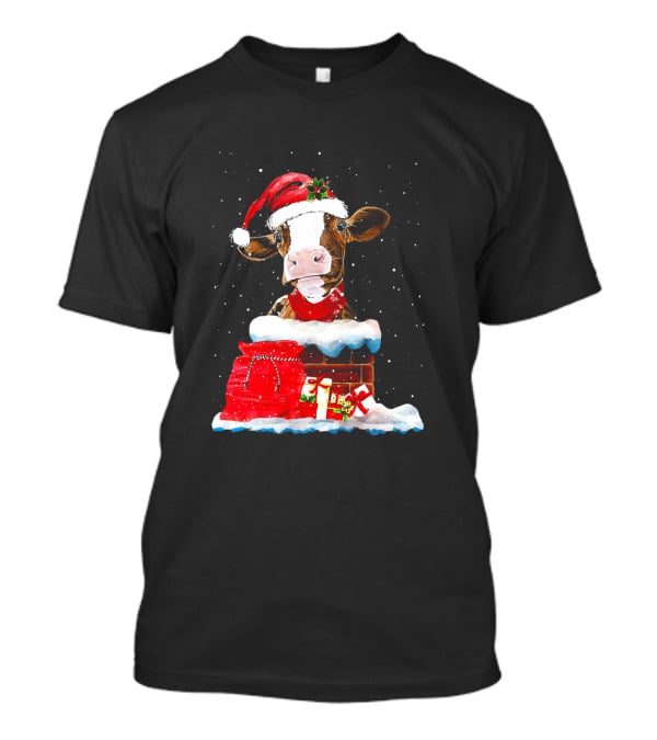 Cow With Santa Hat In Chimney And Christmas Gifts T-Shirt
