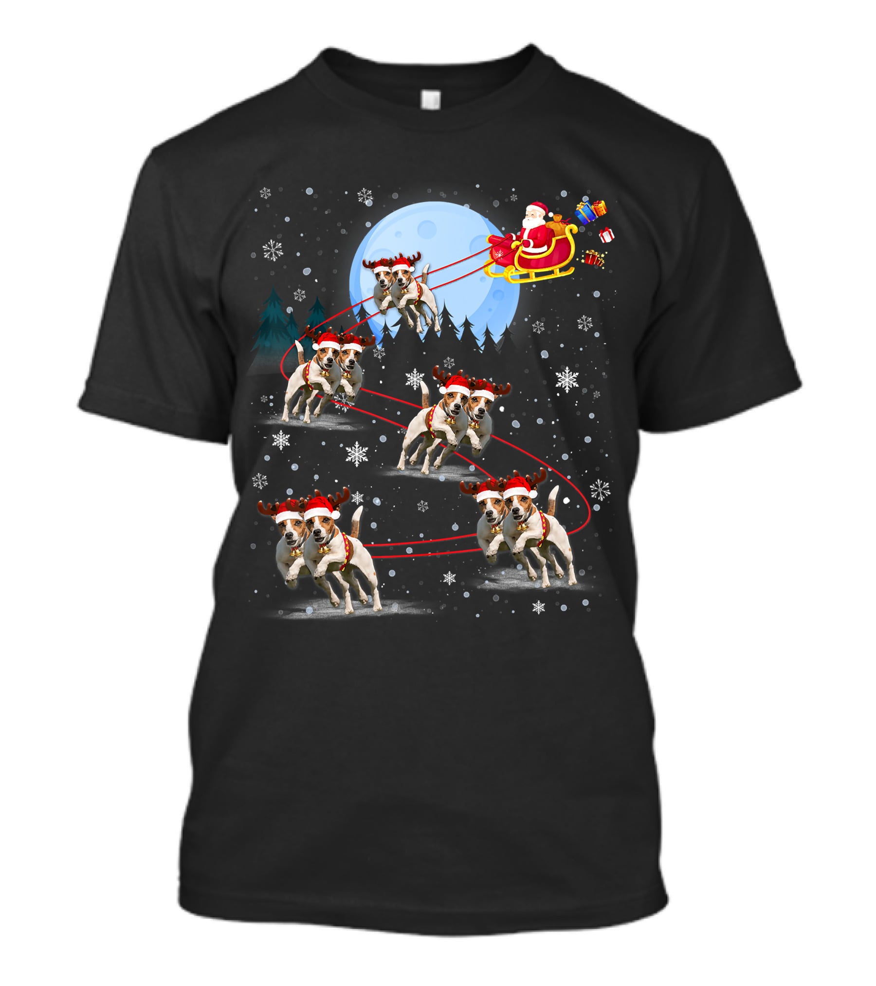 Jack Russell Reindeer Pulling Santa Sleigh Under Moonlit Snowfall T-Shirt
